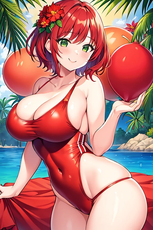 1girl, red hair, medium hair, short hair, flower, flower orbament, ornament, hair ornament, green eyes, one-piece swimsuit, competition swimsuit, large breasts, wide hips, thick thighs, smile, breast suppress, hands on breasts