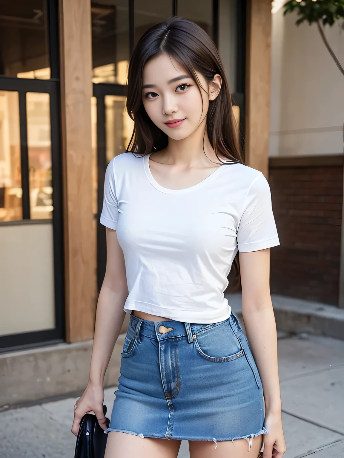 (8KHigh resolution), (highest quality), (RAW Image Quality),(Tabletop:1.2), (Realistic), (Realistic:1.37), Long eyelashes,Exquisite（Live-action Realistic style）,((Cowboy Shot:1.4))、((Shot in the back:1.4))、The ultimate face,Realistic light and shadow,Distinctive facial features,Milky skin,Fair skin, Skin with attention to detail,Realistic skin details,Visible pores,（Very detailed）,Hair length is random, （Flowing Hair）,Take the best portraits,Close-range shooting,Very detailed, One Girl, cute,Beautiful and beautiful eyes, Beautiful and sophisticated nose, Very detailedな肌、(eye contact),(Small breasts)、((Flat Chest:1.4))、(Beautiful face with double eyelids),((Full body image)), (realism: 1.4),High resolution, Great details, ultra High resolution, ((Give your audience your best smile:1.4))、Favorite Details, High condensation,Delicate and beautiful face,,18-year-old,(Beautiful Face 1.4),thin, ((White short sleeveＴshirt:1.4))、(A denim mini skirt that accentuates your thighs:1.7)、((Photo taken on the sidewalk:1.4))、carrying a pink handbag、