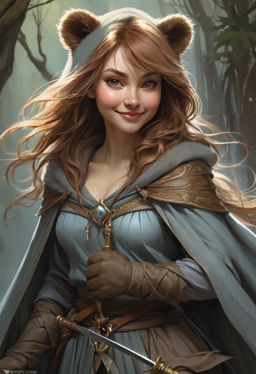 Brian Froud Inspired Bear Women, Wearing Simple Dress, Cloak, Pants. Sword, Fluffy, Menacing Claws. Smiling Face, Humanlike Eyes. Gentle Kind Demeanor. Lean. Hourglass Figure, Gentle Giant. Muscular. Toned. Official Art, Award Winning Digital Painting, Digital Illustration, Extreme Detail, 4k, Ultra Hd, Rococo, Polished, Intricate, Realistic Fantasy Art, Sharp Focus, Concept Art, Art By Wlop, Artgerm, (2d Vector Illustration)

