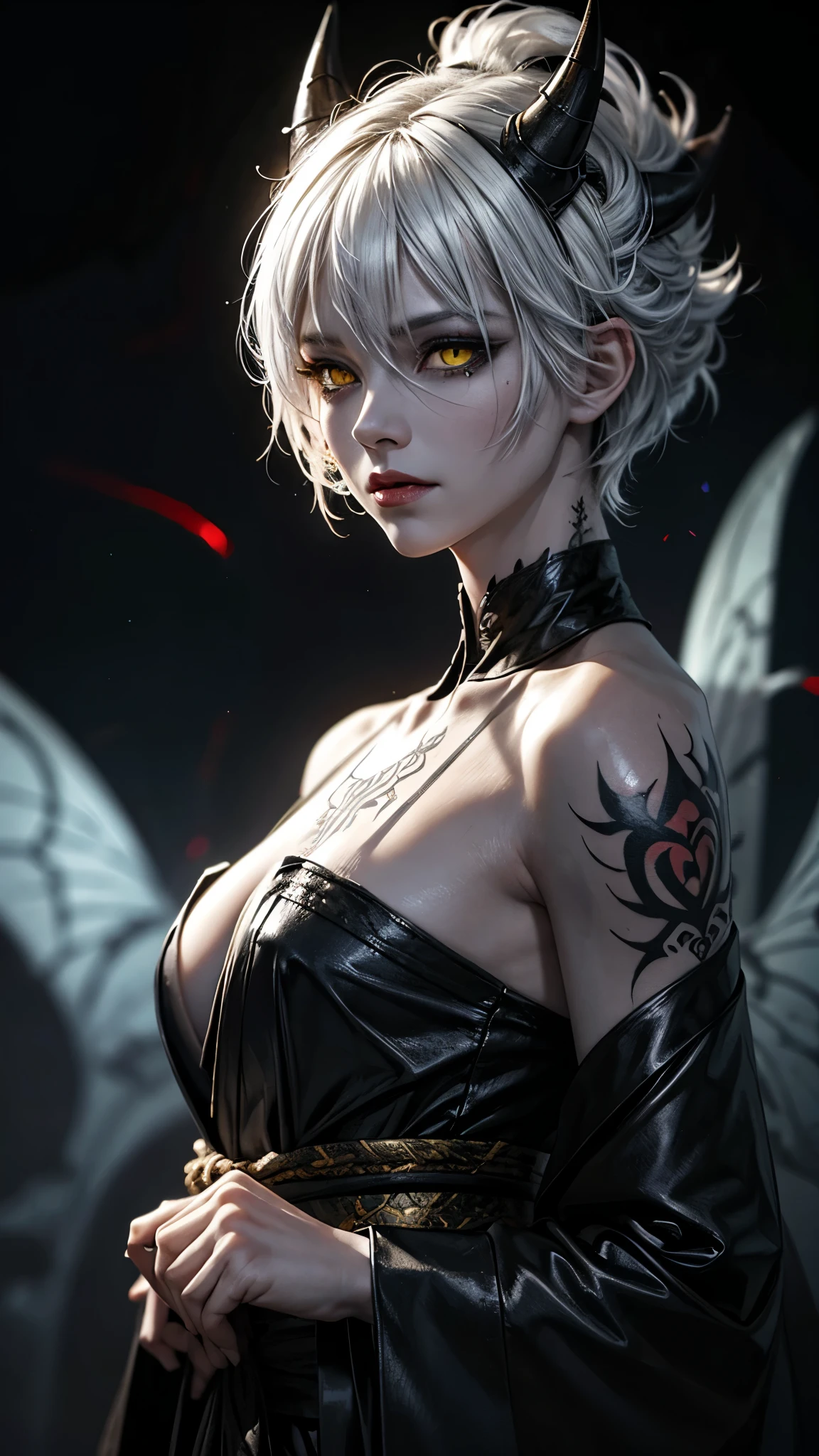 a cinematic portrait of a demon girl looking down on you,wearing a kimono, her (yellow eyes) glow in the dark, she has a menacing stare,  (pixie white hair:1.3), mystic, (dark image:1.4), extreme shading, (horror shading:1),semi-realistic, glowing eyes, (horns), godess, particles, dramatic lighting, hyperdetailed, upperbody shot, low angle, vivid eyes, , (glowing yellow eyes:1), BREAK  a mature woman, black tattoos, beautiful tatoos, tattoo on the neck, (yellow eye:1)