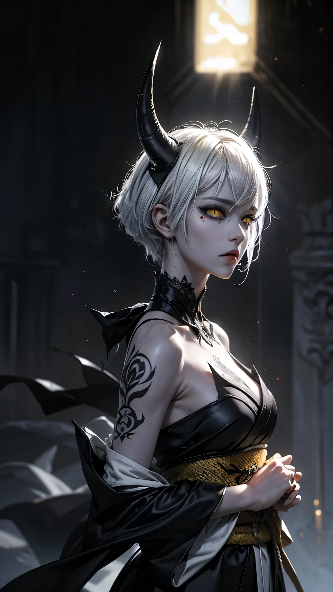 a cinematic portrait of a demon girl looking down on you,wearing a kimono, her (yellow eyes) glow in the dark, she has a menacing stare,  (pixie white hair:1.3), mystic, (dark image:1.4), extreme shading, (horror shading:1),semi-realistic, glowing eyes, (horns), godess, particles, dramatic lighting, hyperdetailed, upperbody shot, low angle, vivid eyes, , (glowing yellow eyes:1), BREAK  a mature woman, black tattoos, beautiful tatoos, tattoo on the neck, (yellow eye:1)