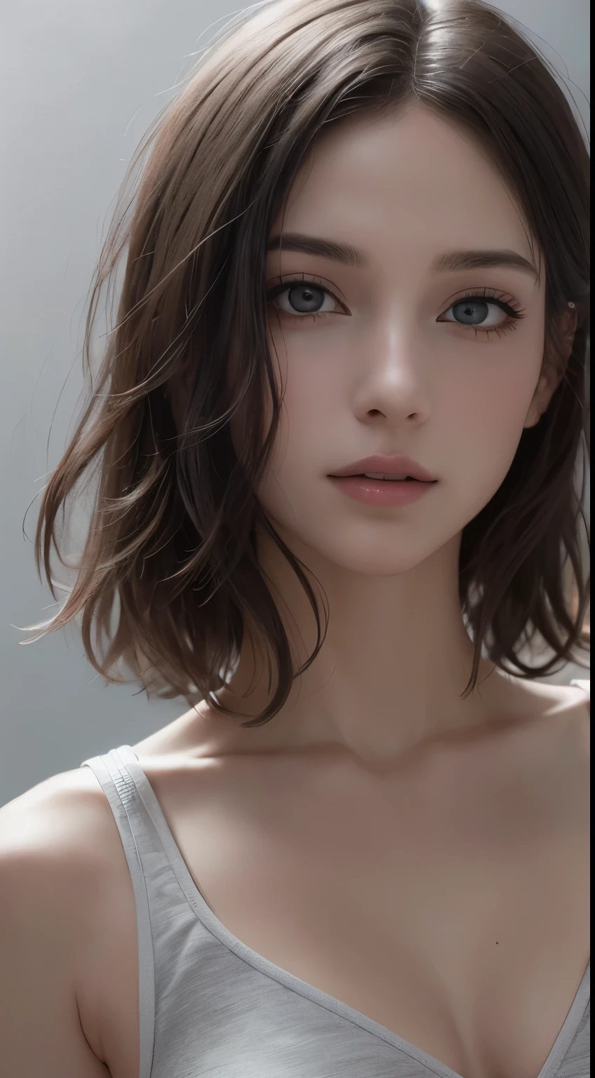 8K uhd、RAWphotograph、モデルphotograph撮影、 European race、(masterpiece、highest quality、Photorealistic、High resolution、photograph:1.3)、Close-up、Focusing、Hot Model、slim、30 year old mature woman、Small face、No makeup、Short Hair、Dark Brown Hair、Fine beautiful eyes、Realスキン、(perfect body)、Sexy hot face、Erotic、Sexual gaze、slim、Sweat top、Detailed beautiful eyes、Glossy lips、Small breasts、Small breasts、Bust B cup、((Bright light、Dynamic lighting、Real、超Real、 realism、Realなディテール、Cool beauty、Cool pose、Background gray、Plain grey background