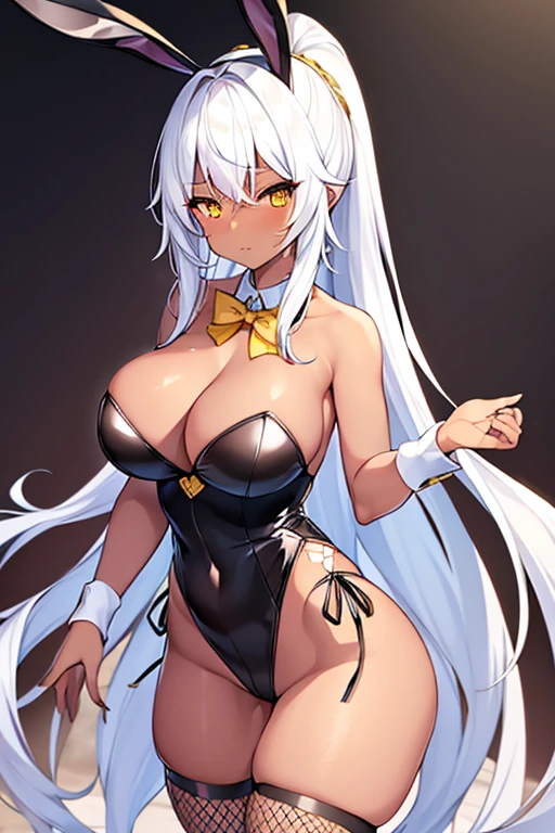 1girl, white hair, long hair, dark-skinned female, dark skin, yellow eyes, breasts, large breasts, bowtie, wide hips, thick thighs, fishnets, bunnysuit, leotard, white bunnysuit, shy, timid, wavy mouth, ponytail, yellow trim, fishnet, fishnet legwear, gold trim, tall, tall female