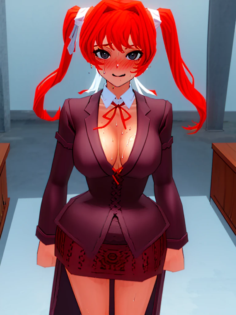 Twintail, red haired, 1girl, (grey eyes1.2), well toned, well built, muscled, toned muscles, (masterpiece), best quality, highres, solo, ribbon, white ribbon, hair ribbon, brown jacket, jacket, long sleeves, smiling, indoors, classroom background, standing, looking at the viewer, (ddlc school uniform:1.5), (showing sweating naked pussy:1.5)、 sitting, spread legs unbuttoned uniform, lingerie, visible bra, lifted skirt, sweating, blushing, aroused, luquid dripping from her vagina, exhaling steamy air, touching her pussy