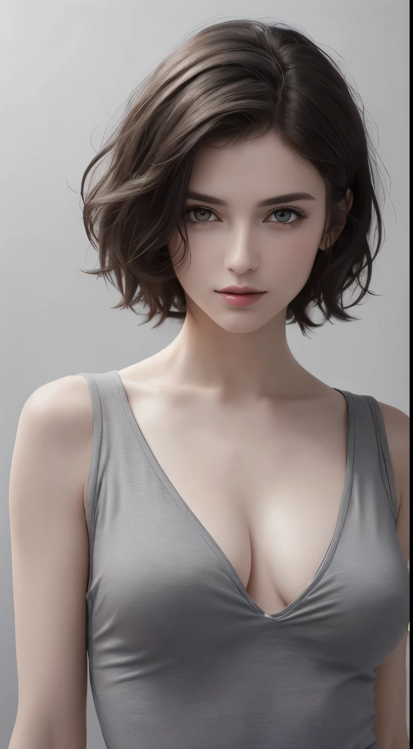 8K uhd、RAWphotograph、モデルphotograph撮影、 European race、(masterpiece、highest quality、Photorealistic、High resolution、photograph:1.3)、Close-up、Focusing、Hot Model、slim、30 year old mature woman、Small face、No makeup、Short Hair、Dark Brown Hair、Fine beautiful eyes、Realスキン、(perfect body)、Sexy hot face、Erotic、Sexual gaze、slim、Sweat top、Detailed beautiful eyes、Glossy lips、Small breasts、Small breasts、Bust B cup、((Bright light、Dynamic lighting、Real、超Real、 realism、Realなディテール、Cool beauty、Cool pose、Background gray、Plain grey background