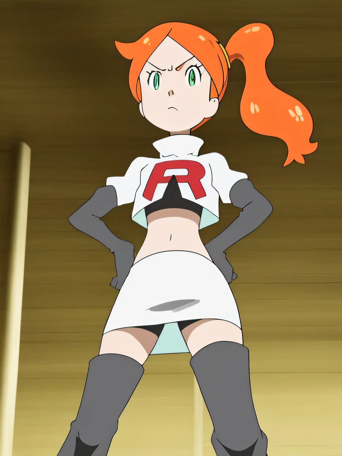 1girl, solo ,sonia, side ponytail,orange hair, heart hair ornaments, aqua eyes ,glossy lips, earings, closed mouth,masterpiece,best quality,high res,high quality,8k, masterpiece,highres, team rocket uniform, red letter r, white skirt,white crop top,black thigh-high boots, black elbow gloves, glaring angrily, looking down at viewer, hands on hips, cowboy shot, zettai ryouiki,spread legs,from below, black panties,anime style, vivid colors, sharp focus, intense lighting,