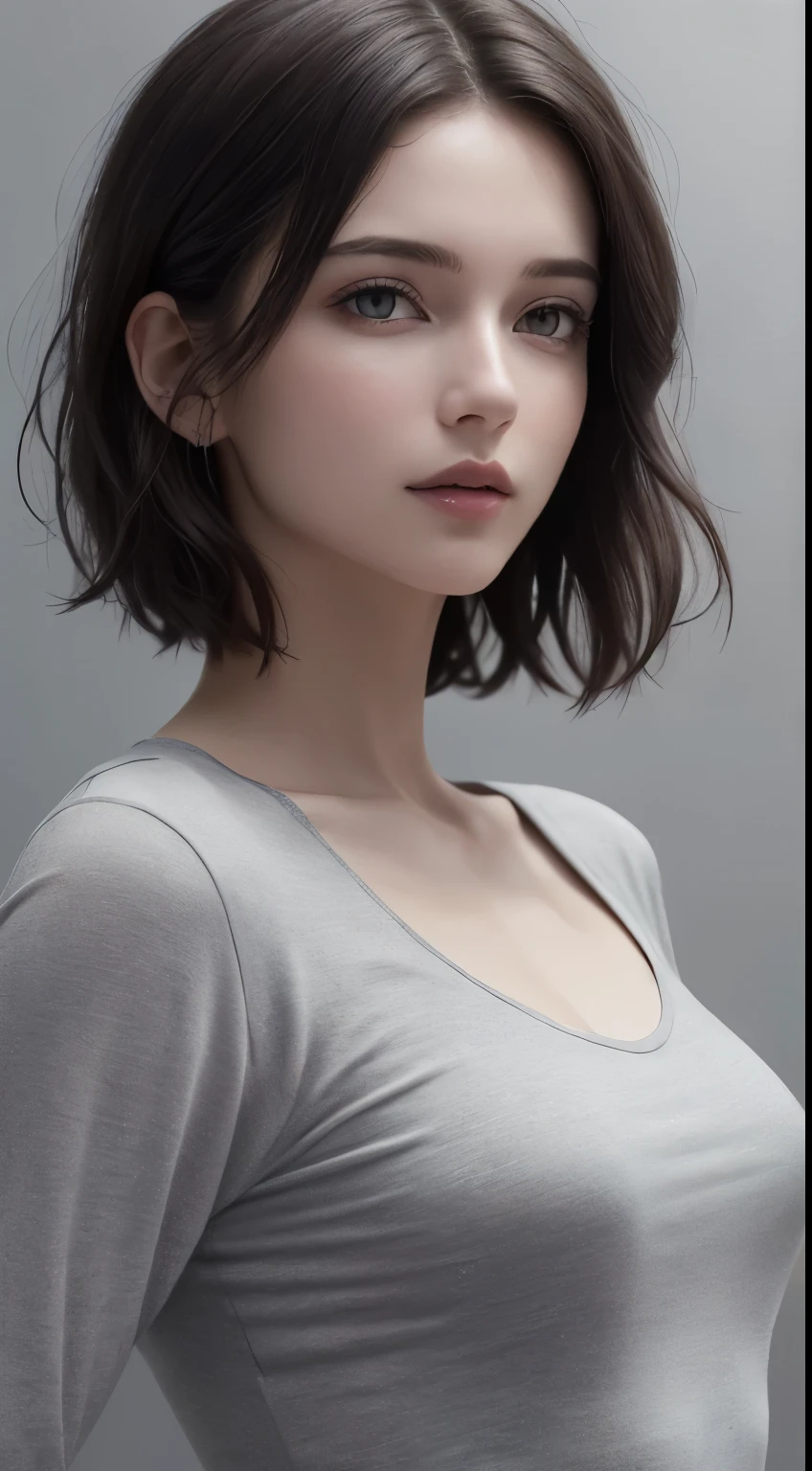 8K Ultra HD、RAWphotograph、モデルphotograph撮影、 European laceasterpiece、Highest quality、Realistic、High resolution、photograph:1.3)、close、focus on、Hot Model、slim、30 year old mature woman、Small face、No makeup、short hair、Beautiful dark brown Hayne eyes、Genuineスキン、(Perfect body)、Sexy hot face、erotic、sexual sight、slim、Sweat top、Beautiful eyes in every detail、Glossy Lips、Small breasts、Small breasts、Bust B cup、((Bright light、Dynamic Lighting、Genuine、超Genuine、 realism、Genuineなディテール、Cool Beauty、Cool pose、Background gray、Plain gray background
