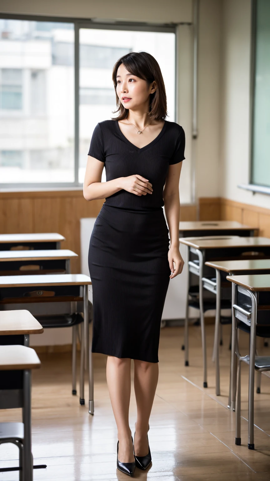 High resolution, highest quality, masterpiece, Textured skin, Anatomically correct, sharp, (((Full body photo))), Alone in the classroom, (Walking), ((Japanese Mature, 42 years old)), Nasolabial folds, Straight hair, Semi-long hair, (Plump figure:1.4), Shapely small breasts, (looking at the camera), Serious expression, (Business look), ((teacher)), Ribbed short sleeves V-neck, Formal tight skirt, pumps, necklace