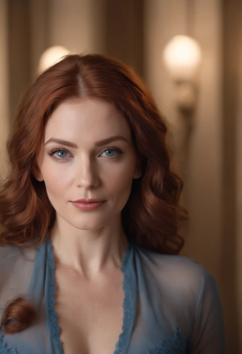 As the camera pans around the room, the magical bokeh of the lights creates a dreamlike atmosphere. No centro da sala, is a 45 year old milf goddess with wavy red hair, boca grande, fleshy lips and blue eyes. She wears a shirt with a generous neckline, drawing attention to her large breasts., adding a touch of mystery to its already intriguing presence. its intricate details adding to the overall cinematic feel of the scene.