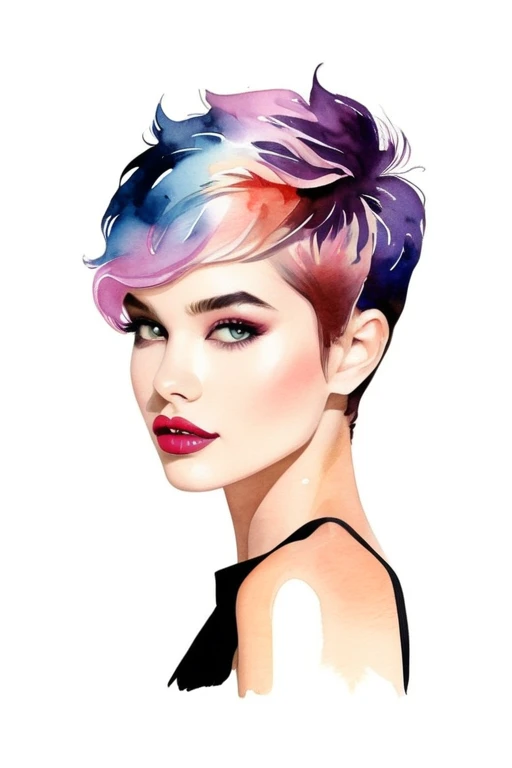 chica de pelo corto pixie arte moderno, minimalismo, contemporary elegance, dreamcore, moda elegante , fusion of watercolor and digital illustration, colores limpios, minimalistas y vibrantes
