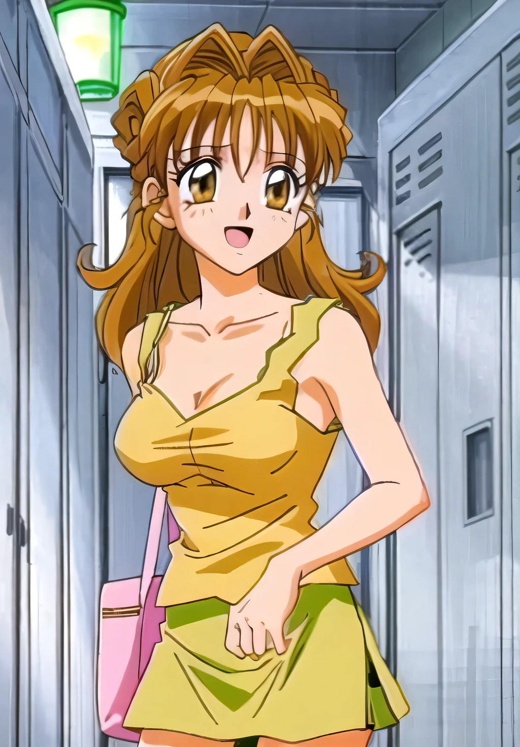 Maron,Browsing Caution,(((yellow_camisole))),(((mini skirt))),((valley)),((No bra)),pupil_Brown,Embarrassing, Open your mouth,smile,avert your eyes,((locker room)),masterpiece, expensive_quality, very_expensive_solve, big_file size, Full Color,