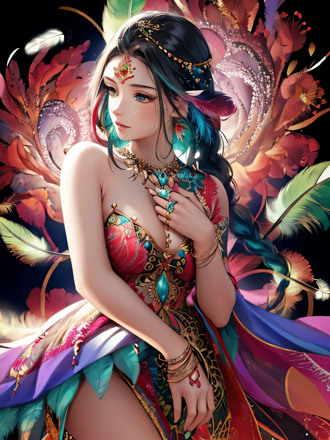 (masterpiece, top quality, Best quality, official art, beautiful and aesthetically pleasing:1.2), (1 girl, mature:1.3, got old:1.3), long hair, braid sidelocks, Extremely detailed,(fractal art:1.1),(colorful:1.4)(flowers:1.3),The most detailed,(zentangle:1.2), (dynamic pose), (abstract background:1.3), (shiny skin), (many colors:1.4),(earrings:1.4), (feathers:1.4), cowboy shot