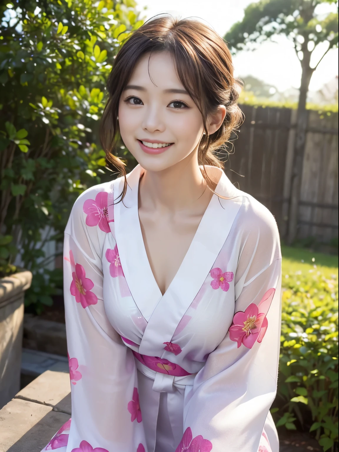 (masutepiece,Best Quality, High quality, Highest image quality score: 1.3), (Sharp image quality), Perfect beauty: 1.5, ,((A dark-haired,)) (Pink yukata), One lady, (floral pattern yukata), Red hairpiece, a beauty girl, Cute,、A detailed face、Futae eyelid、The best smile, Very beautiful scenery, ((Beautiful yukata)), Summer in Japan、One lady、((shrines))、white clouds、 (The most stunning views)、sparklers、perfectly proportions、clear stream、Chignon、Transparent River、Dip your feet in the river、