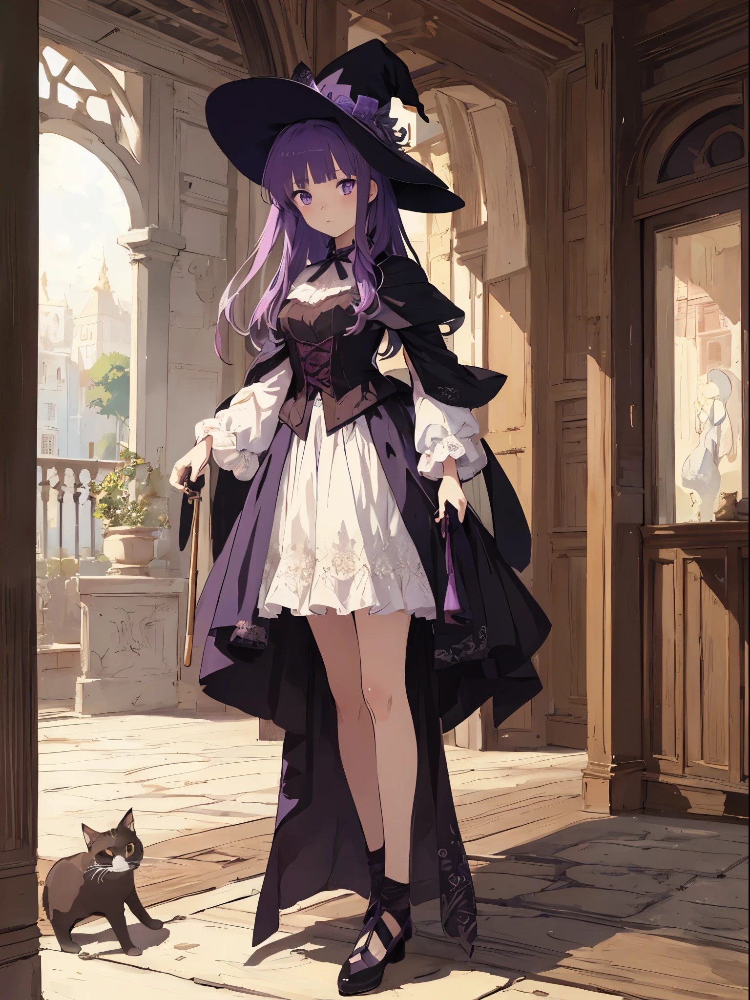 ((anime artstyle)),(Masterpiece),(Best Quality), (Super Detail),((Very Delicate and Beautiful)),1 girl,((full body portrait)),((solo)), woman, beautiful, witch, purple hair, purple eyes, wand, cats