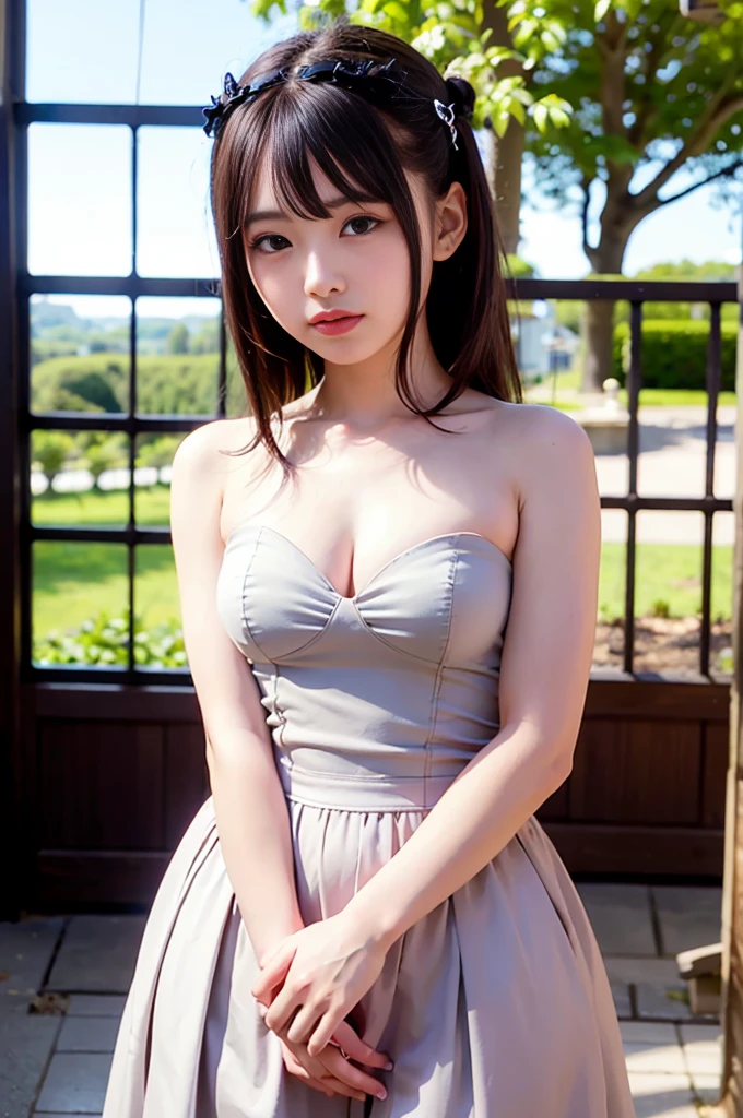 (realistic, photo realistic:1.37), incredibly absurd, (Extremely detailed:1.3), 16k, (masterpiece), (highest quality:1.4), (ultra high resolution:1.2), 1 nogizaka girl, So cute, (bishojo:1.35), (15 years:1.4), ((alice and the pirate fashion)), detailed beautiful dress, blue rose hair accessories, Highly detailed beautiful face、eye、skin, dense black shiny hair, whole body, perfect anatomy, smile at the camera, professional lighting, Petit Trianon garden and farmhouse, View of the village and lake, super detailed background,(all naked:1.4),