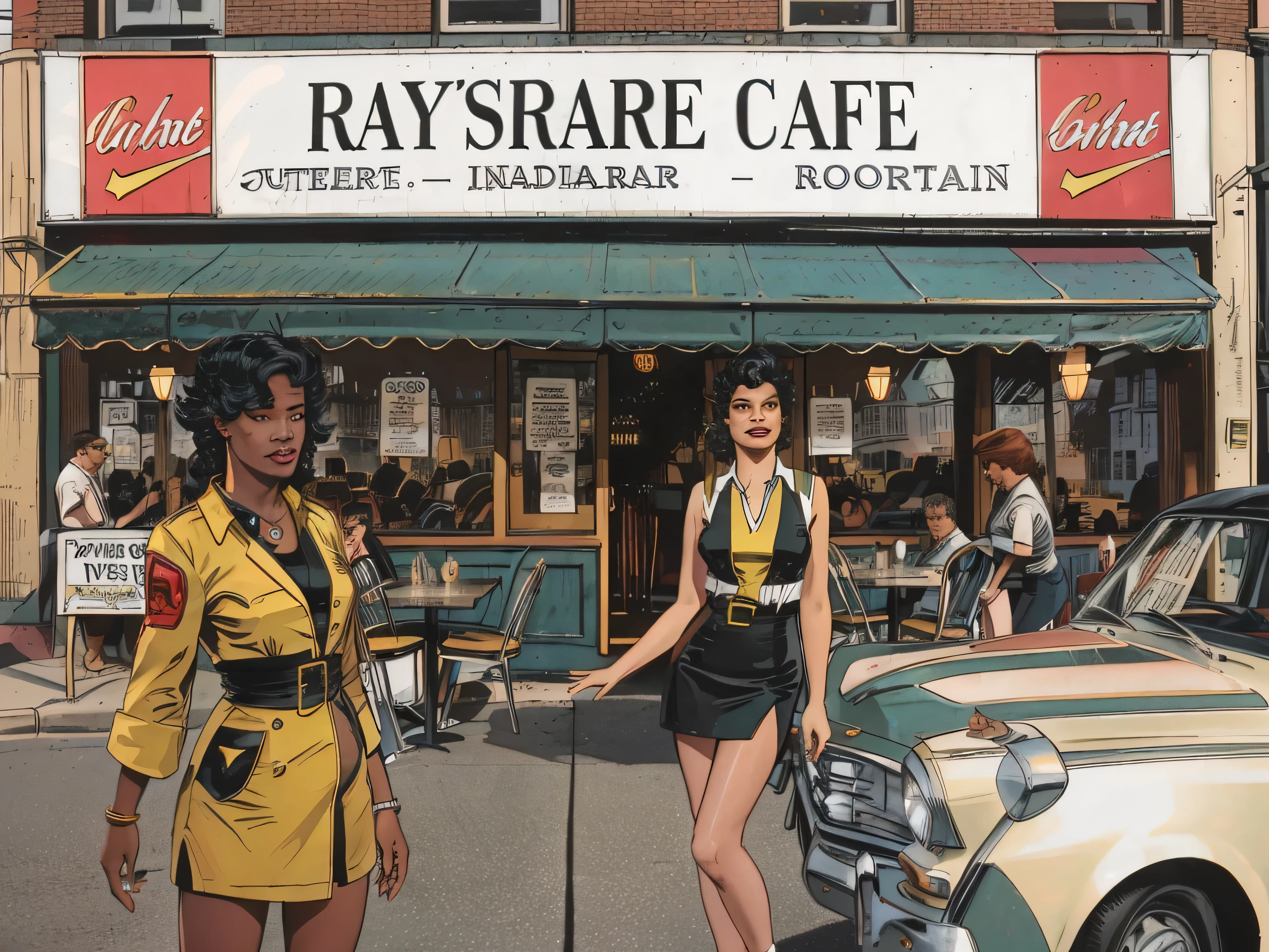 they are two women standing in front of a restaurant with a car, by Wayne England, iray shaders, by Otis Kaye, ray, ray tracing. sharp focus, by Robert Peak, daz3d genesis iray shaders, by Wayne Reynolds, by Marshall Arisman, accurate ray tracing, by Roy Dalgarno, rtx ray tracing