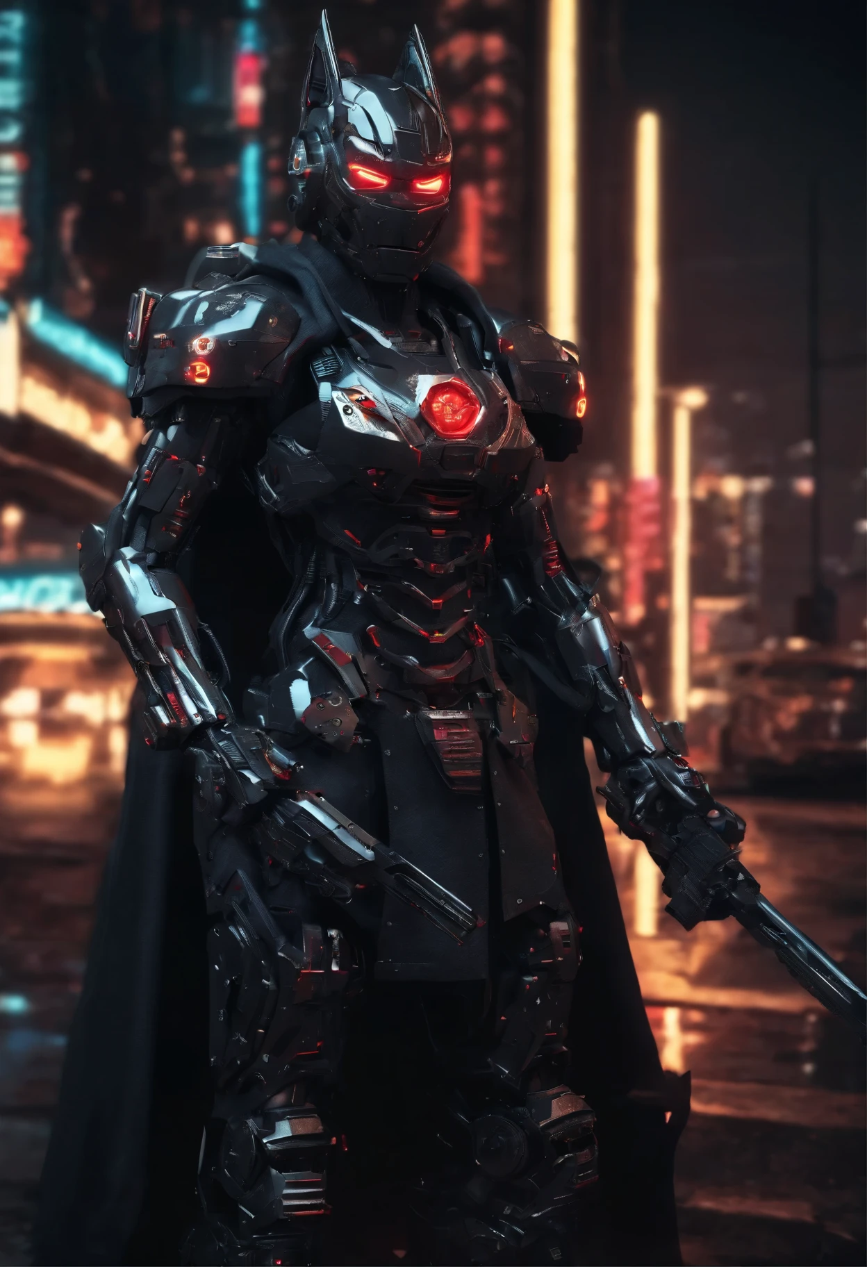 Dark_Fantasy, Cyberpunk, Catwoman Mechanical marvel, Robotic presence, Cybernetic guardian, samurai mechanical armour, katana on the waist, absolutely stunning art,wearing a black cloak, highest quality art, highest resolution, hyper detailed,black and red, futuristic, samurai robot, atmospheric,8k,64k, HD, unparalleled masterpiece, dynamic lighting, cinematic, epic
