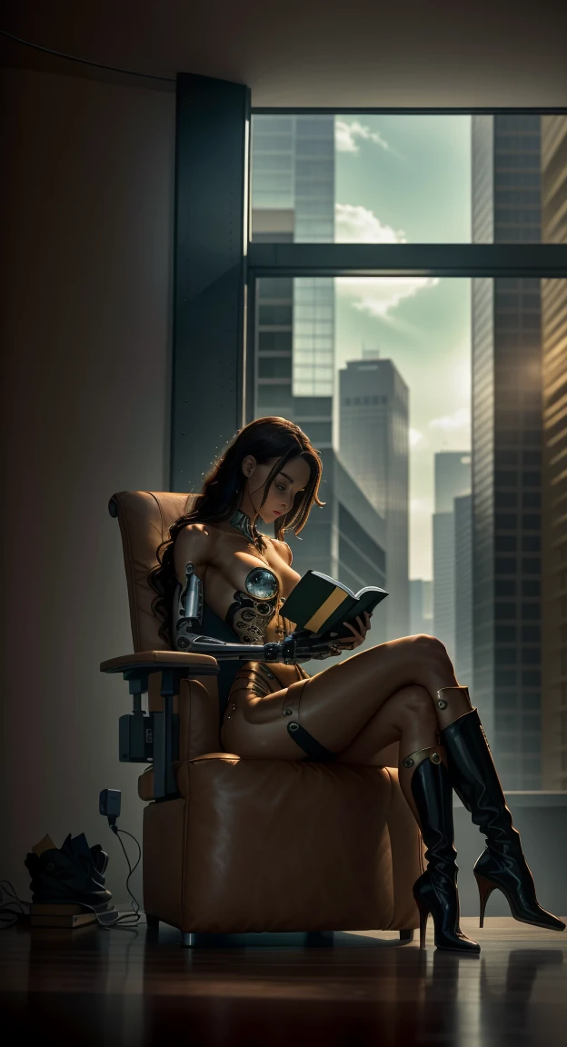 office in a skyscraper in a big city, cyborg woman sits in a luxurious chair and reads a book, Heavy men&#39;s boots, high quality, absurd, masterpiece, Beautiful, complex parts, 1/2 body trimmings, slender body, Beautiful figure, Magnificent Anatomy, (complex parts:1.12), HDR, (complex parts, hyper detail:1.15), (natural skin textures, hyperrealistic, soft light, spicy:1.2)