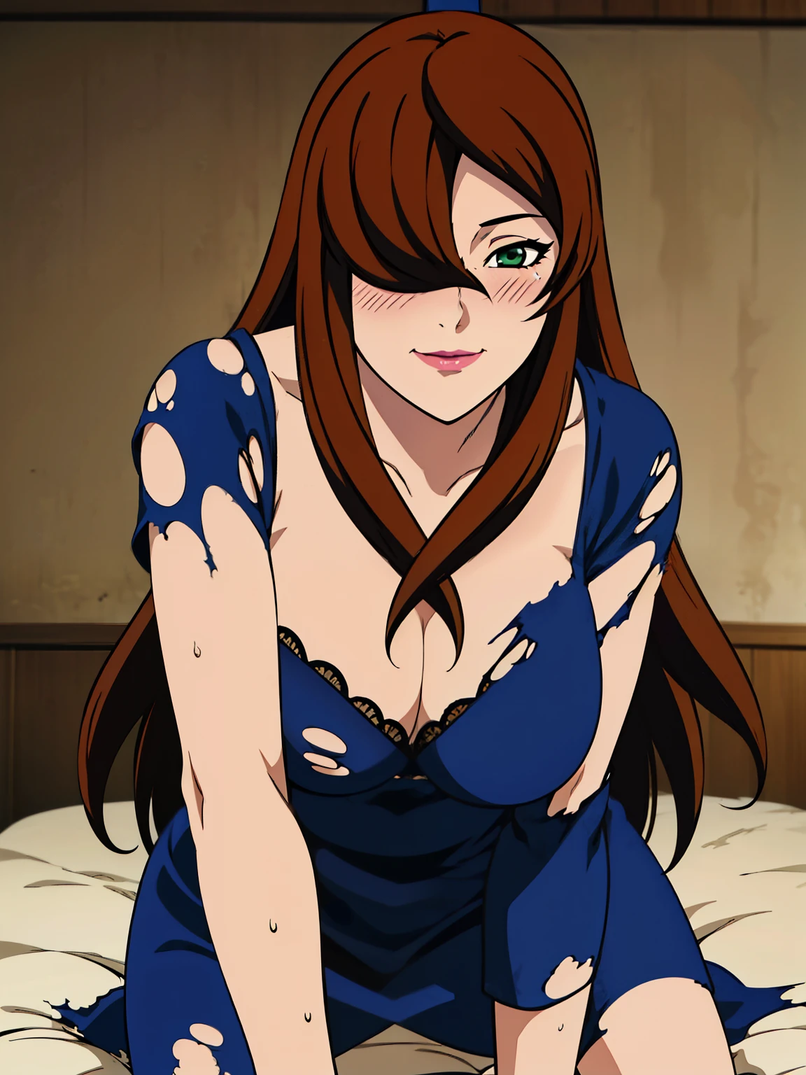 , (Torn Clothes : 1.3), blue dress, mature woman, vintage bedroom, 25 yo, Mei Terumi, anime cels style, best quality, high resolution, 1girl, (:1.2), beautiful face, long hair, brown hair, green eyes, ((hair over one eye)), lipstick, cowboy shot, smiling, happy face, blushing, looking at viewer