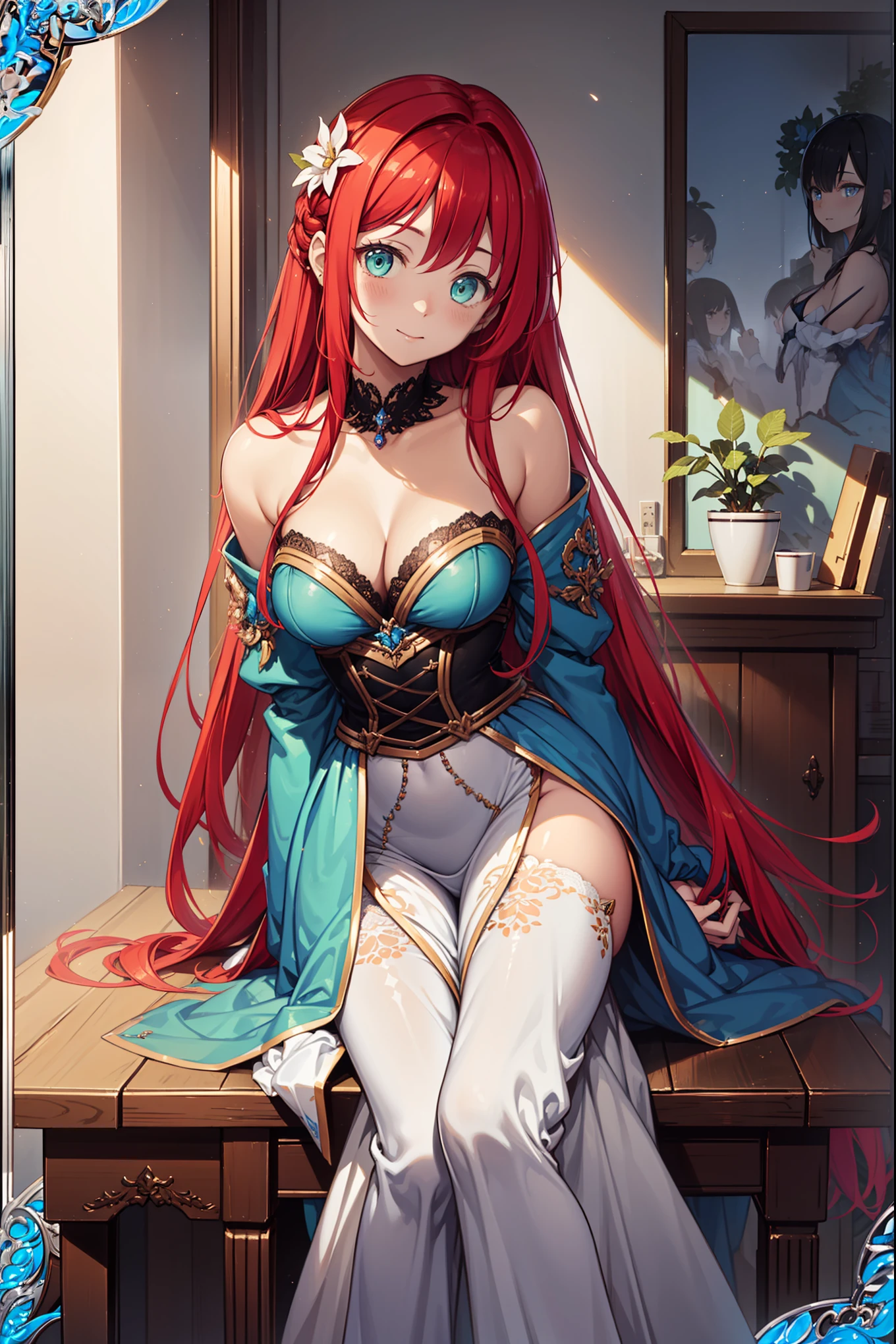 (Best quality, A high resolution, Textured skin, High quality, High details, High details,Extremely detailed CG unity), Enchanted,having fun,Being in love,teacher in fantasy world,red hair, green eyes,A small amount of lilac pattern,A small amount of sky blue cloth,exquisite costumes,solo person,daytime, Simple pantyhose,A small amount of lace,Dazzle, woman teacher, beautiful, teaching, (holding ruler), (indoors), (inside classroom), (school class room), in school, older woman, mature woman, more clothing