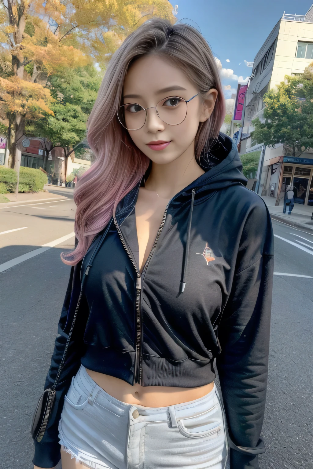Best Quality, Masterpiece, Beautiful and Aesthetic, 16K, (HDR: 1.4), High Contrast, Bokeh: 1.2, Lens Flare, (Vivid Colors: 1.4),cinematic lighting,depth of field, film lighting, ambient light, side light, exquisite details and textures, cinematic lens, warm tones, (bright and intense: 1.2), wide-angle lens, hyper-realistic, (knee-length view), BREAK 1 girl,Japanese,22 yo,beautifull detailed face,A smile with a little visible teeth,(Slender body:1.5),((Wearing a hoodie)),pastel clothing, ((Have a small handbag)), Beautiful detailed skin,Skin Texture,Floating hair,((fluffy hairstyle)),Black semi-long wavy hair, saggying breasts with good shape,(cleavage),((Black square glasses)),cheerful pose,day,daylight,outdoor,braless,Sportsbra,shorts,(mideum shot:1.3),Ma