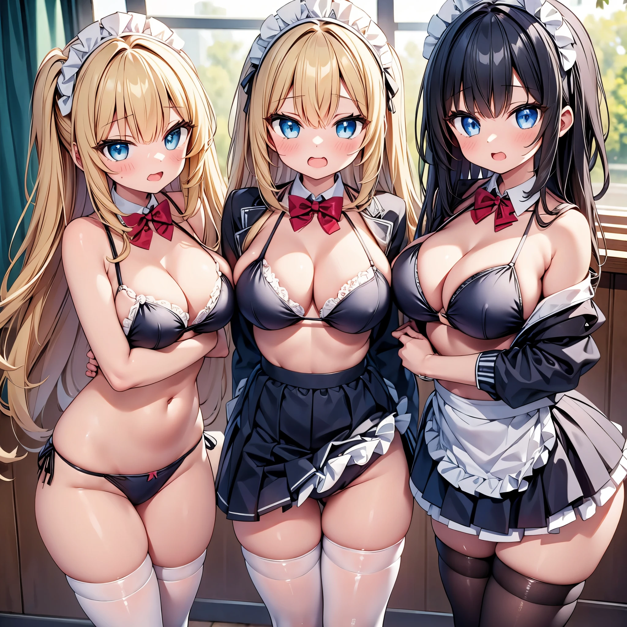 ((masterpiece, highest quality, High resolution, 超High resolution, Perfect Pixel, Depth of written boundary, 4K, RTTX 10.0, High resolution))), (Four adult women:1.3), Beautiful Anime Woman, Beautiful art style, Anime characters, ((Long Hair, bangs, Dark brown hair, Various hairstyles)), ((Beautiful eyelashes)), ((Detailed face, blushする:1.2)), ((Smooth texture, Realistic texture, Anime CG Style)), Perfect body, Slender body, Exact finger count、Exact number of legs、Exact number of arms, (blush:1), (The four women are standing side by side, lifting their skirts to greet the guests.:1.2), ((Matching white and black frilly maid outfits, mini skirt, High heels: 1.2)), (Lift up your skirt yourself:1), Realistic, Slender body, highest quality, High resolution, 非常にDetailed face, Perfect lighting, Extremely detailed CG, (Perfect hands, Perfect Anatomy), Embarrassed expression, (A gorgeous open-ceiling entrance hall in a Western-style building, Stairwell and chapel in the background, Welcome back husband:1.3), Morning sun-like lighting, whole body, ((Stylish and sexy shiny white satin panties, The panties are simple in the center and have lace decorations on the sides., garter belt, Knee socks:1.2)), Angle from the front、(Beautiful and thin thighs:1.1)