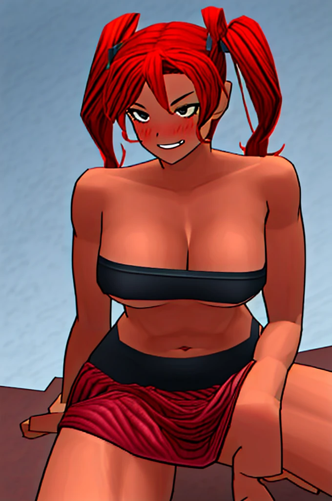 Twintail, red haired, 1girl, (grey eyes:1.5), well toned, well built, muscled, toned muscles, blushing, sweating, smiling, lifting skirt, shoving pussy, looking at pov, (sitting on pov's hip:1.1), (riding a man's dick full penetration:1.3), unfiltered femininity, passionate, open shirt revealing naked nipples, climax