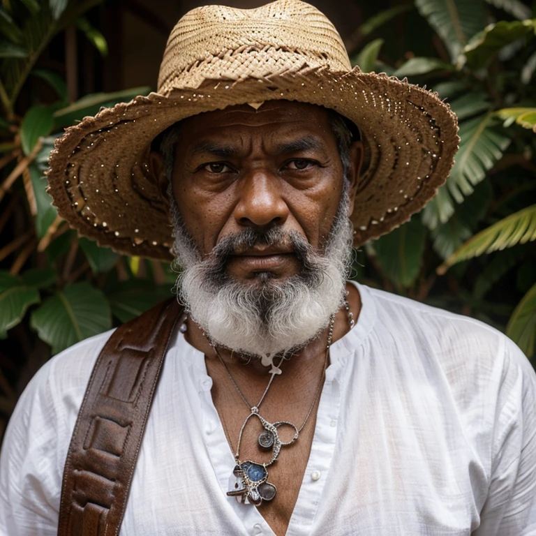 imagem realista, de um homem velho, negro de pele retinta, with an old straw hat, cobrindo o rosto barba e cabelos brancos, fumando cachimbo, blowing smoke, in white clothes and rosary around the neck looking forward 