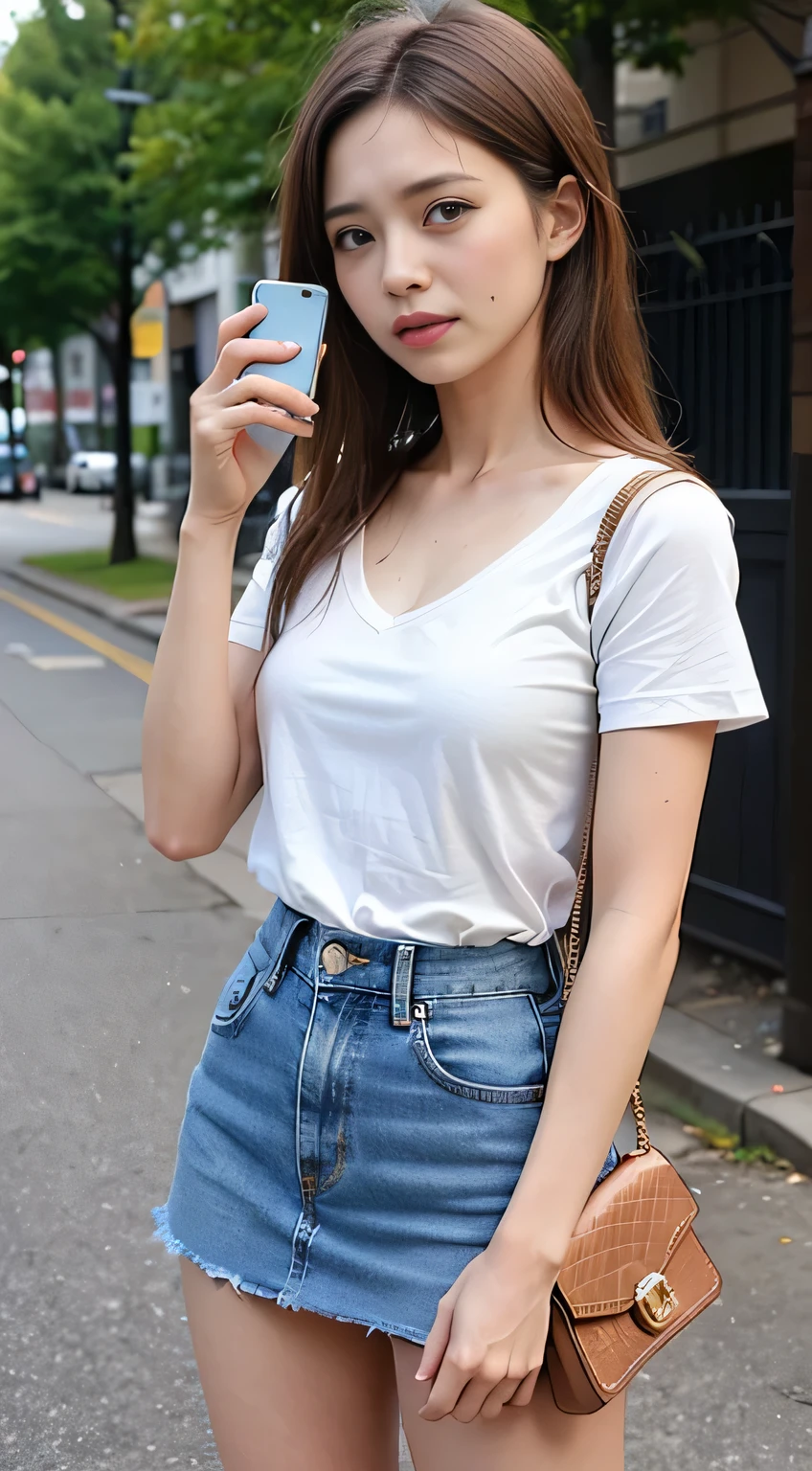 (8KHigh resolution), (highest quality), (RAW Image Quality),(Tabletop:1.2), (Realistic), (Realistic:1.37), Long eyelashes,Exquisite（Live-action Realistic style）,((Cowboy Shot:1.4))、The ultimate face,Realistic light and shadow,Distinctive facial features,Milky skin,Fair skin, Skin with attention to detail,Realistic skin details,Visible pores,（Very detailed）,Hair length is random, （Flowing Hair）,Take the best portraits,Close-range shooting,Very detailed, One Girl, cute,Beautiful and beautiful eyes, Beautiful and sophisticated nose, Very detailedな肌、(eye contact),(Small breasts)、((Flat Chest:1.4))、(Beautiful face with double eyelids),((Full body image)), (realism: 1.4),High resolution, Great details, ultra High resolution、((I look down while crying and call:1.4))、 ((woman with scary expression:1.4))、Favorite Details, High condensation,Delicate and beautiful face,,18-year-old,(Beautiful Face 1.4),thin, ((White short sleeveＴshirt:1.4))、(A denim mini skirt that accentuates your thighs:1.7)、((Photo taken on the sidewalk:1.4))、((While crying、On a call on your smartphone:1.4))、((have a handbag:1.4))、