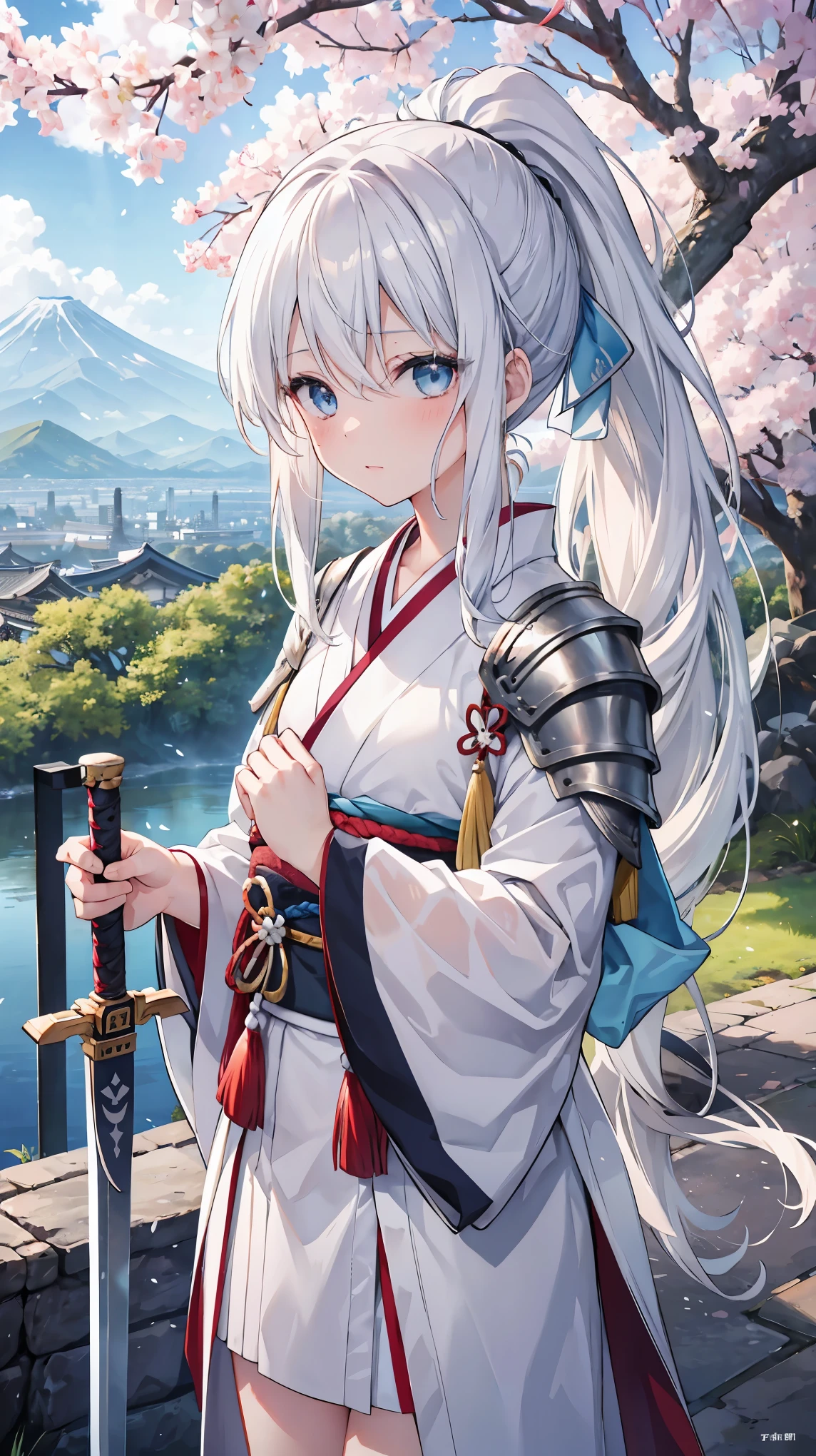 ,girl,Best image quality,,Silver Hair,,blue eyes, White skin,,Long Hair,ponytail,Half,,Wet with sweat,sword,naked,,kimono,Similarly,armor,Fuji Mountain,,Cherry tree,SakuraFubuki,small,,,