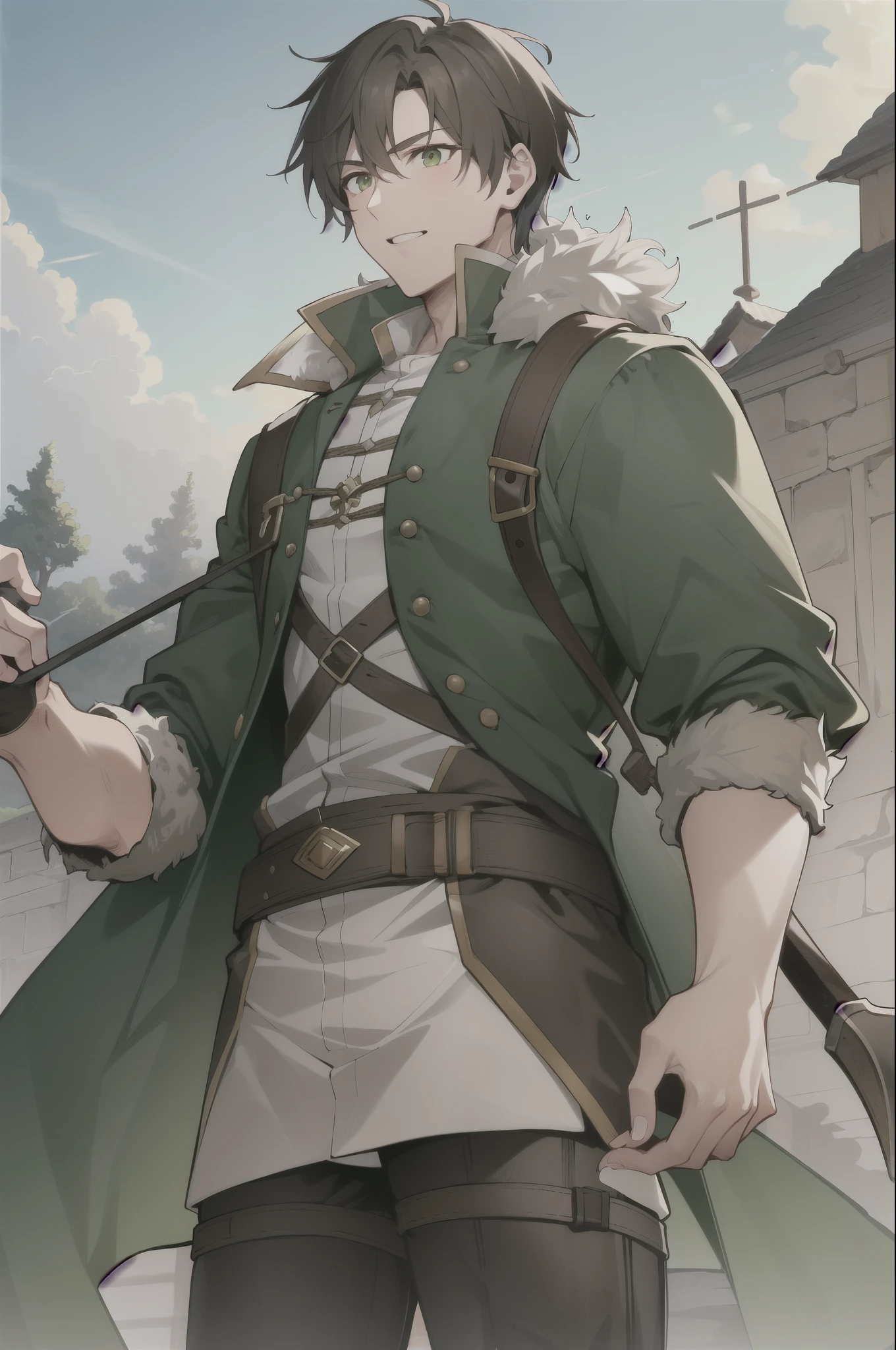 ((masterpiece)),(((best quality))), male, intricate details, short hair, solo , brown hair, green eyes, green robes, adventurer clothes, adventurer, wool and fur clothes, leather straps, axe in hand