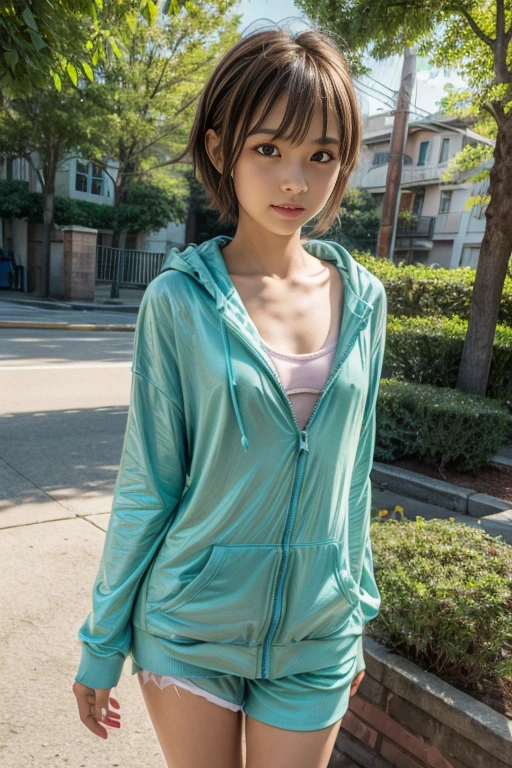 Best Quality, Masterpiece, Beautiful and Aesthetic, 16K, (HDR: 1.4), High Contrast, Bokeh: 1.2, Lens Flare, (Vivid Colors: 1.4),cinematic lighting,depth of field, film lighting, ambient light, side light, exquisite details and textures, cinematic lens, warm tones, (bright and intense: 1.2), wide-angle lens, hyper-realistic, (knee-length view), BREAK 1 girl,Japanese,22 yo,beautifull detailed face,A smile with a little visible teeth,(Slender body:1.5),((Wearing a hoodie)),pastel clothing, ((Have a small handbag)), Beautiful detailed skin,Skin Texture,Floating hair,((fluffy hairstyle)),(Brown short wavy pixie hair over one eye:1.3), saggying breasts with good shape,(cleavage),cheerful pose,day,daylight,outdoor,braless,Sportsbra,sports shorts,(mideum shot:1.3),