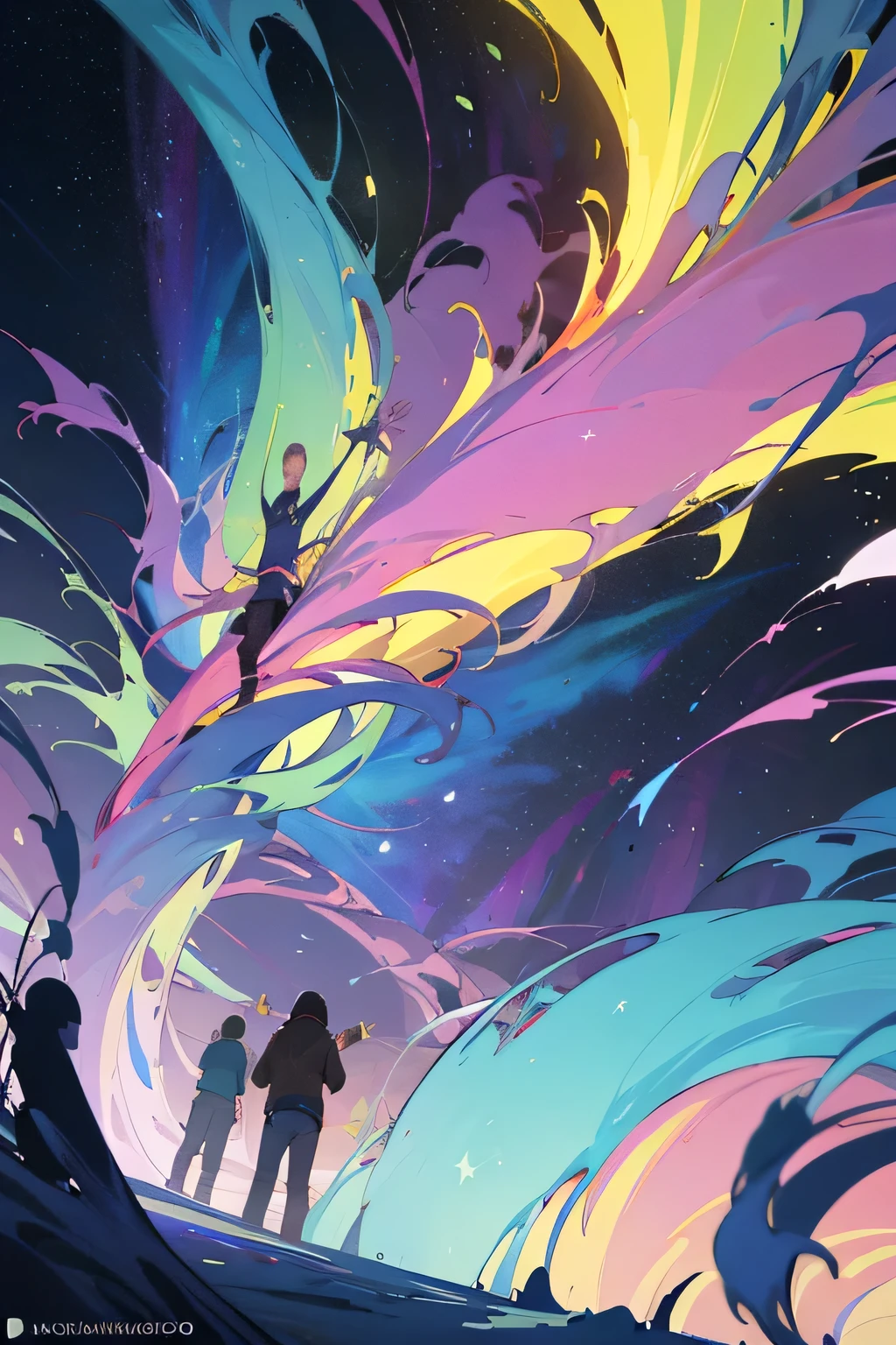 A breathtaking scene, with the night sky illuminated by a spectacular moving aurora borealis. Lights dance and undulate in shades of green, blue and purple, creating hypnotic, shimmering patterns that stretch to the horizon. Below, a crowd of people gather in an open space, hands raised to the sky as they are enveloped by the infectious energy of electronic music. It is a scene of pure magic and wonder, where nature and technology come together in a unique harmony ((melhor qualidade)), ((obra de arte)), (detalhado), rosto perfeito