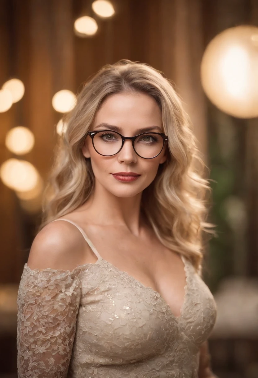 As the camera pans around the room, the magical bokeh of the lights creates a dreamlike atmosphere. No centro da sala, There is a 50 year old milf goddess with big glasses and wavy blonde hair, boca grande, full lips and green eyes. She wears a shirt with a generous neckline, drawing attention to her large breasts., adding a touch of mystery to its already intriguing presence. its intricate details adding to the overall cinematic feel of the scene.