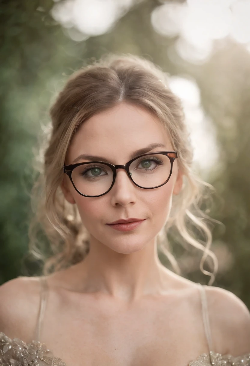 As the camera pans around the room, the magical bokeh of the lights creates a dreamlike atmosphere. No centro da sala, There is a 50 year old milf goddess with big glasses and wavy blonde hair, boca grande, full lips and green eyes. She wears a shirt with a generous neckline, drawing attention to her large breasts., adding a touch of mystery to its already intriguing presence. its intricate details adding to the overall cinematic feel of the scene.