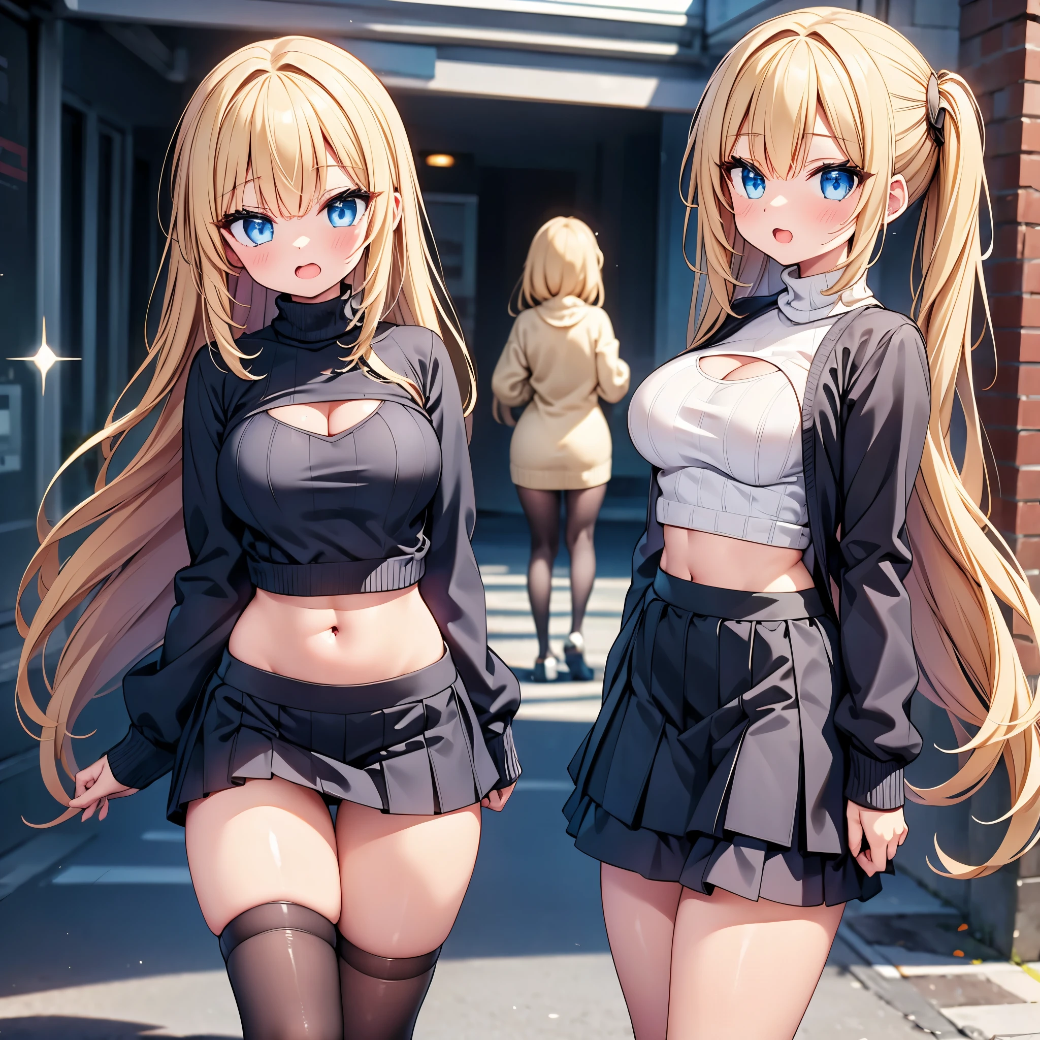 (cute eyes:1.2), (sparkling eyes:1.2), highest quality,wonderful,finely,extremely detailed CG Unity 8K wallpaper, (Stand in line:1.2), (3 girls, clothed), virgin killer sweater, (sweater dress:1.2), (ribbed sweater,sideboob,cleavage cutout, turtleneck sweater,(white sweater:1.3),crop top navel), (midium breasts), (open mouth:1.1), (long tongue:1.1), (mouth drool:1.1), (black stockings:1.1),(Thighs:1.1),(Waistline:1.1)