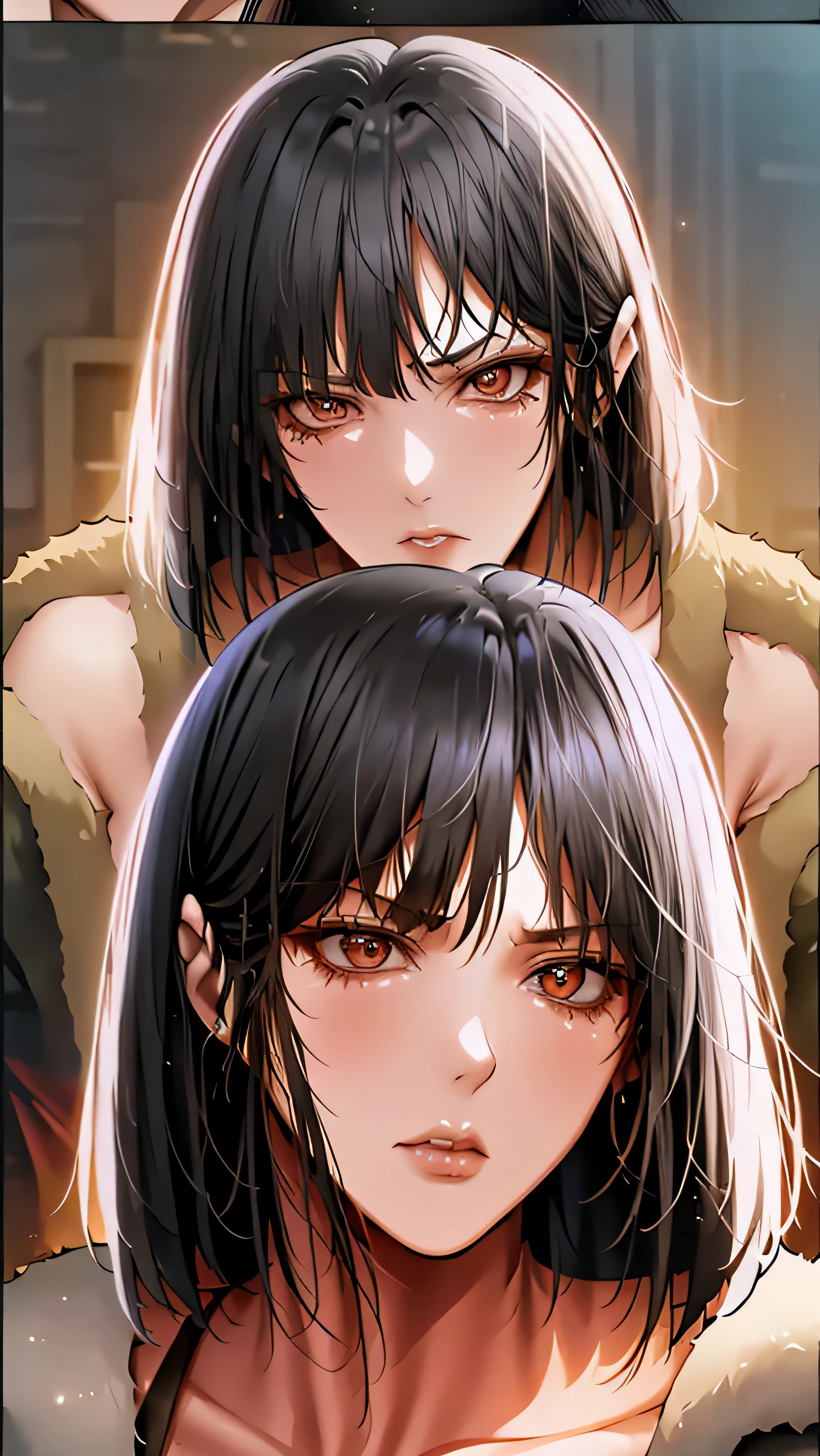  The face of a serious mature woman a little angry with strong black hair cut to the shoulders small nose with full lips straight hair white bangs 