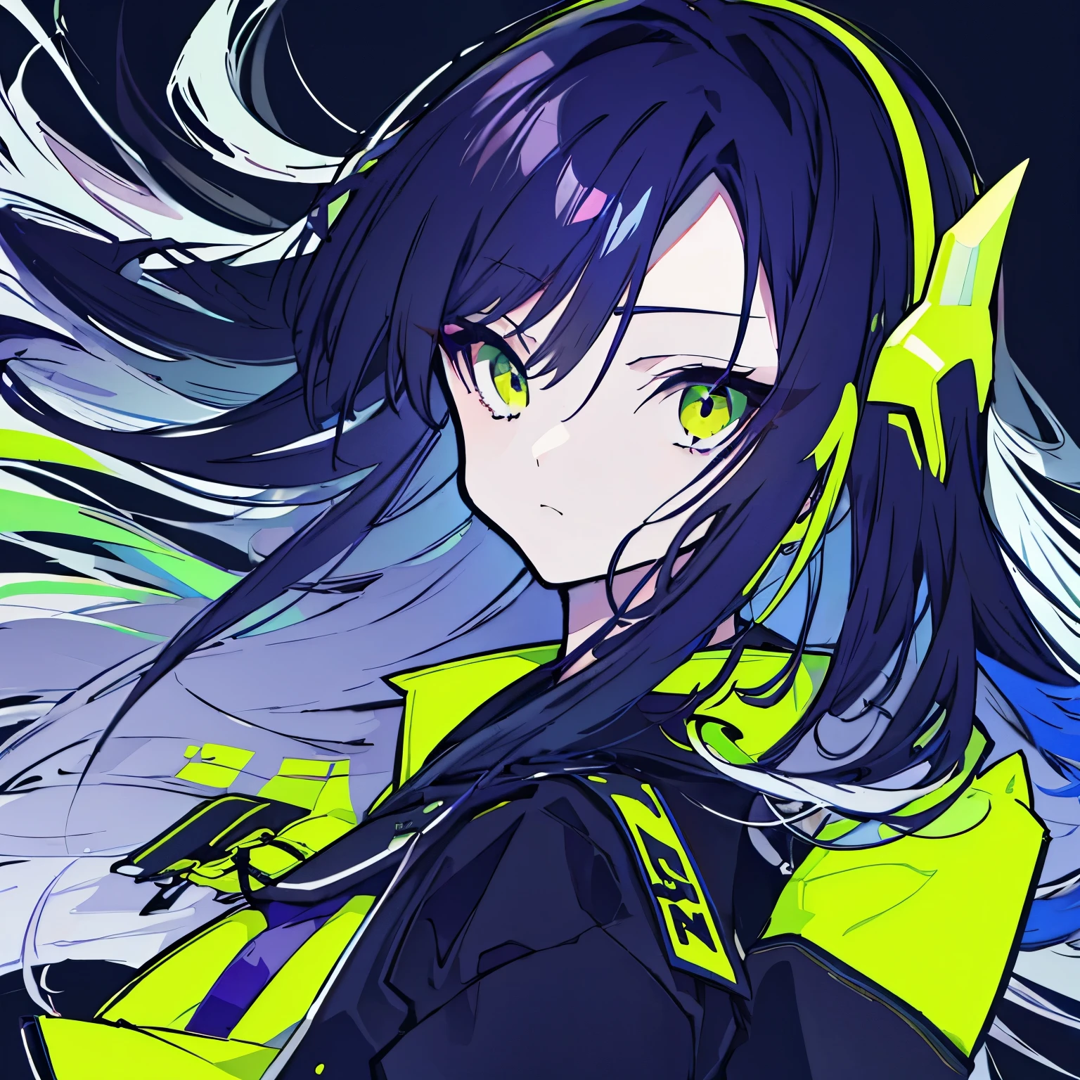 One girl、mature girl、Navy Blue Hair、Long Hair、Purple hair tips、Fluorescent yellow-green eyes、Black clothes、Dark Background、Perfect Face、highest quality、Masterpiece