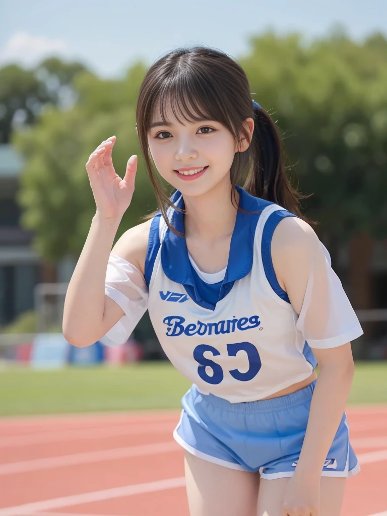 (realistic pictures、)、cute、short、one girl、(realistic skin:1.5)、Raise your hands and rejoice、jump straight up、Athletics、hair band、Blue, yellow and white athletics uniform、brown eyes、(Cloth hair band on forehead、Bright red hair band、White athletic shoes:1.7)、Full body photo、beautiful feet、black hair、straight hair、bangs、ponytail、smile、Live shooting、highest quality、High resolution、(masterpiece)、professional photos、(chromatic aberration:1.3)、8K resolution、intricate details、detailed eyes、Ultra High Definition Eyes、Physically based rendering、8k wallpaper、ultra wide angle、wide angle photo、