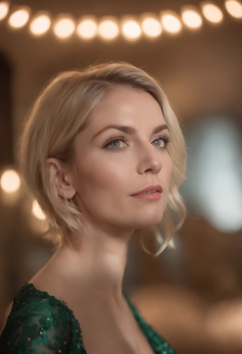As the camera pans around the room, the magical bokeh of the lights creates a dreamlike atmosphere. No centro da sala, is a 45 year old milf goddess with short blonde hair, boca grande, full lips and green eyes. She wears a shirt with a generous neckline, drawing attention to her large breasts., adding a touch of mystery to its already intriguing presence. its intricate details adding to the overall cinematic feel of the scene.