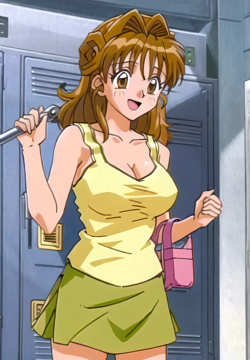 Maron,nsfw,(((yellow_Sleeveless_camisole))),(((mini skirt))),((Cleavage)),((No bra)),pupil_Brown,Embarrassing, Open your mouth,smile,avert your eyes,((locker room)),masterpiece, expensive_quality, very_expensive_solve, big_file size, Full Color,
