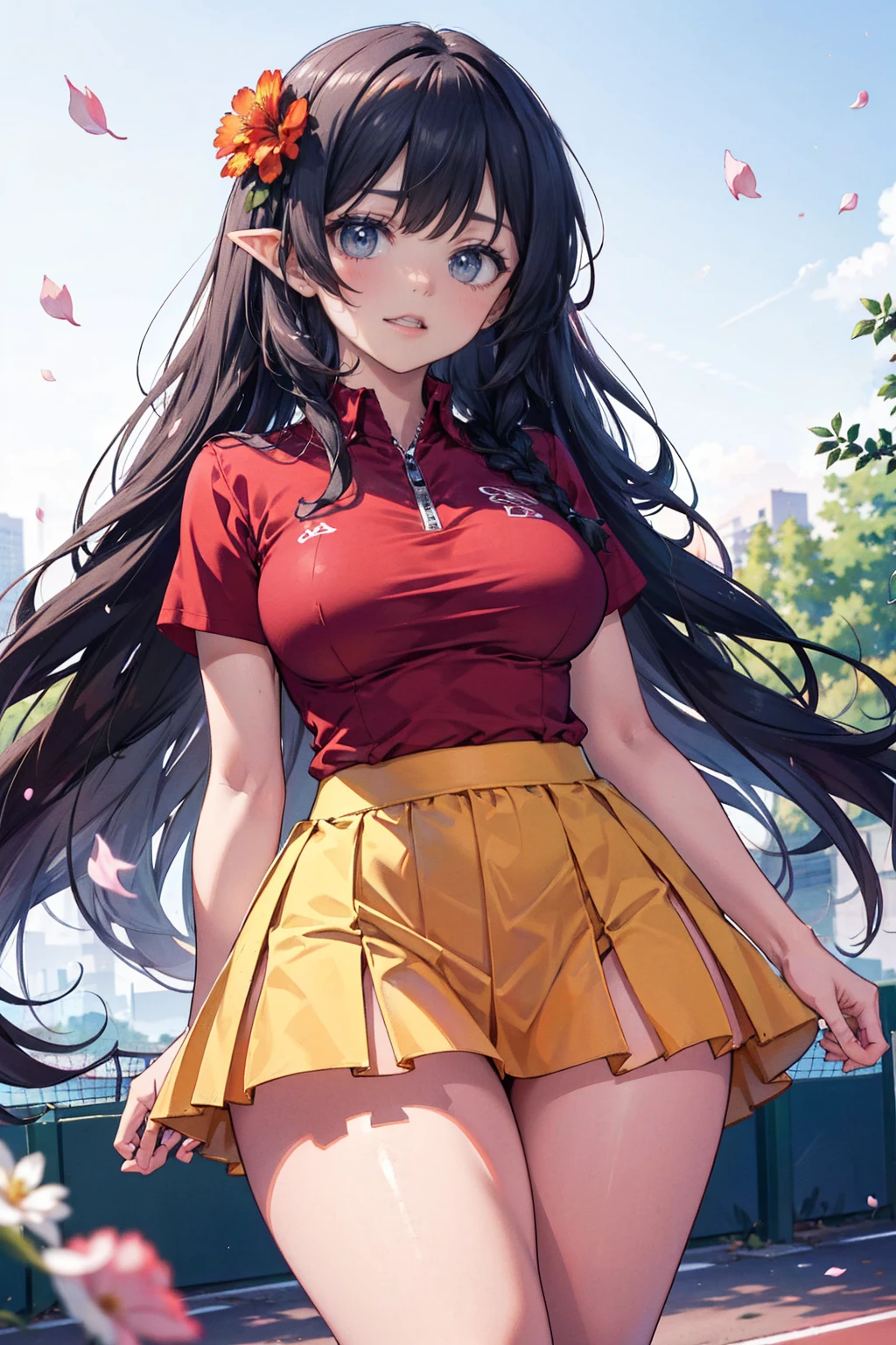 imagem realista, imagem coerente, imagem detalhada, 1 elfo bonito. Ela tem cabelo castanho, long hair with two braids. Olhos escarlates, long eyelashes. Your face is oval and delicate. sorrindo de boca aberta. She is wearing a traditional red shirt, com gola tangerina, mostrando o umbigo, mini saia xadrez plissada, tennis, She has a curvy body, medium breasts and thick thighs. mostrando seu fio dental. vista tanga, vista de baixo. fundo urbano. noite estrelada, flower petals falling. natural lighting in the front, volumetric lighting