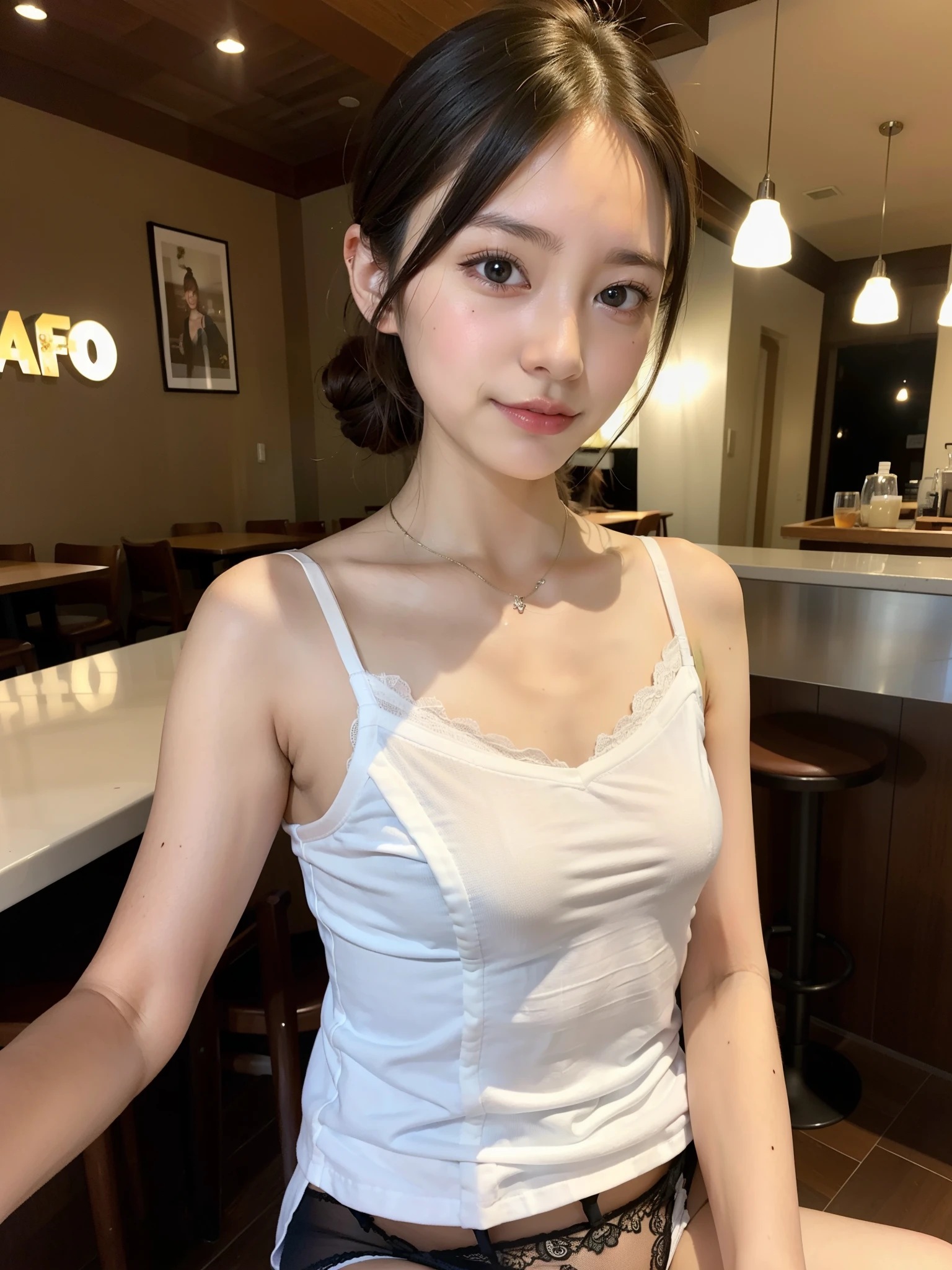 ((Best of the highest quality, 8k, Masterpiece: 1.3, raw photo)), Sharp focus: 1.2, (1 AESPA, slim body type female, 21 y/o: 1.1), (Solo: 1.2), (realistic, photo-realistic:1.37), face focus, cute face, finely eyes, (small breasts, flat chest, Thigh: 1.3), (short messy hair, updo: 1.28), (neat camisole, panties: 1.32), sitting cafe, bar, flower