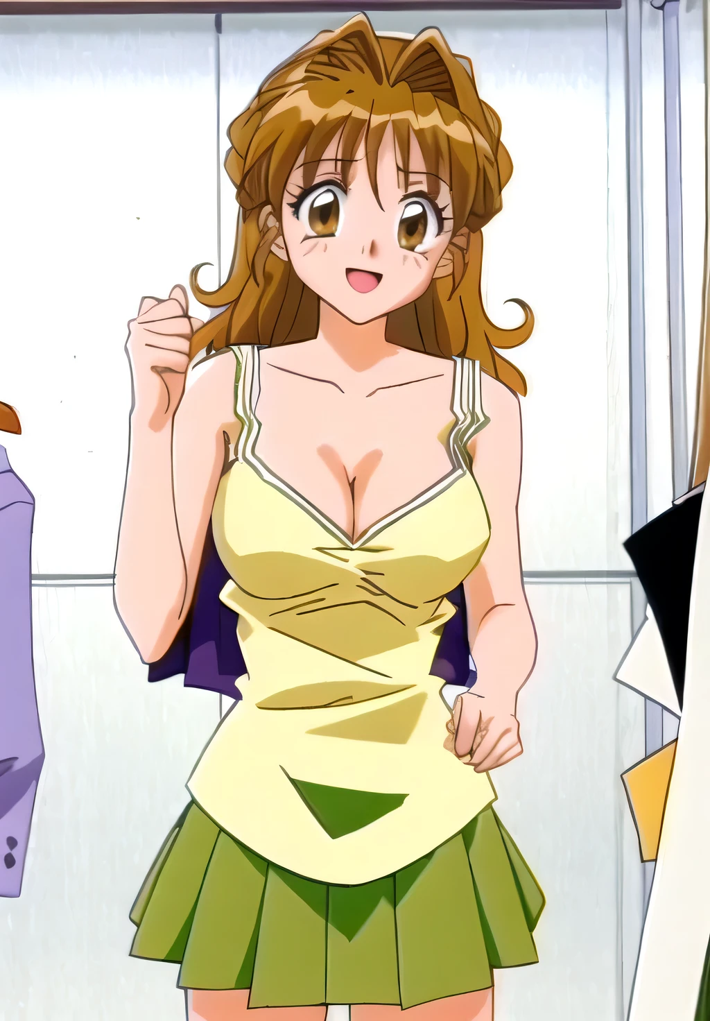 Maron,nsfw,(((yellow_Sleeveless_camisole))),(((mini skirt))),((Cleavage)),((No bra)),pupil_Brown,Embarrassing, Open your mouth,smile,avert your eyes,((School changing room)),masterpiece, expensive_quality, very_expensive_solve, big_file size, Full Color,