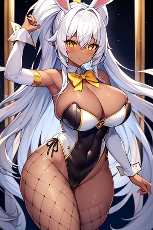 1girl, white hair, long hair, dark-skinned female, dark skin, yellow eyes, breasts, huge breasts, bowtie, wide hips, thick thighs, fishnets, bunnysuit, leotard, white bunnysuit, shy, timid, wavy mouth, ponytail, yellow trim, fishnet, fishnet legwear, gold trim, tall, tall frmale