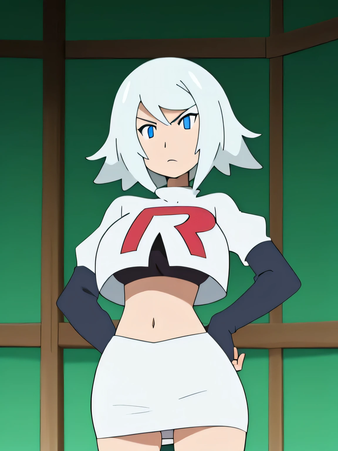 raine sage,very large breast.white hair,8k, masterpiece,highres,very large breast, team rocket uniform, red letter r, white skirt,white crop top,black thigh-high boots, black elbow gloves, glaring angrily, looking down at viewer, hands on hips, cowboy shot, zettai ryouiki,from below, black panties,anime style, vivid colors, sharp focus, intense lighting,

