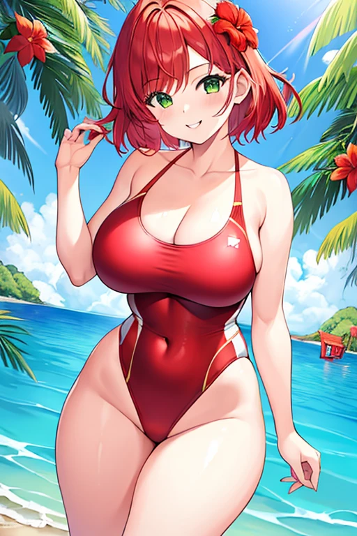 1girl, red hair, medium hair, short hair, flower, flower orbament, ornament, hair ornament, green eyes, one-piece swimsuit, competition swimsuit, , wide , thick thighs, smile,  suppress,