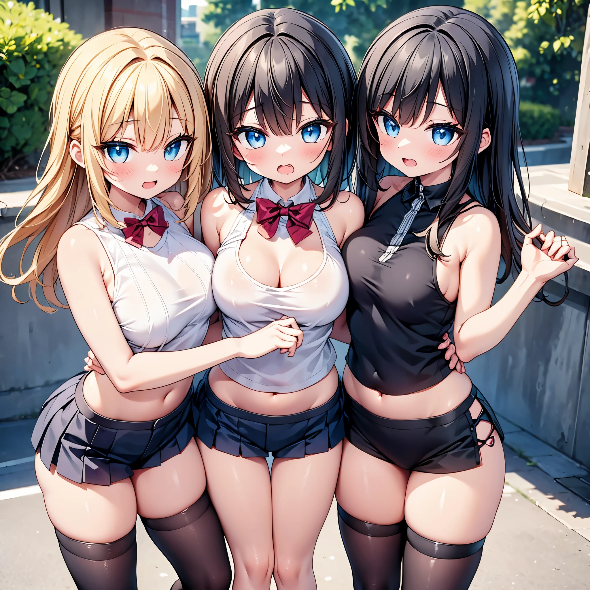 (cute eyes:1.2), (sparkling eyes:1.2), highest quality,wonderful,finely,extremely detailed CG Unity 8K wallpaper, (Stand in line:1.2), (3 girls, clothed), (tank top:1.1), (midium breasts), (open mouth:1.1), (long tongue:1.1), (mouth drool:1.1), (black stockings:1.1),(Thighs:1.1),(Waistline:1.1)