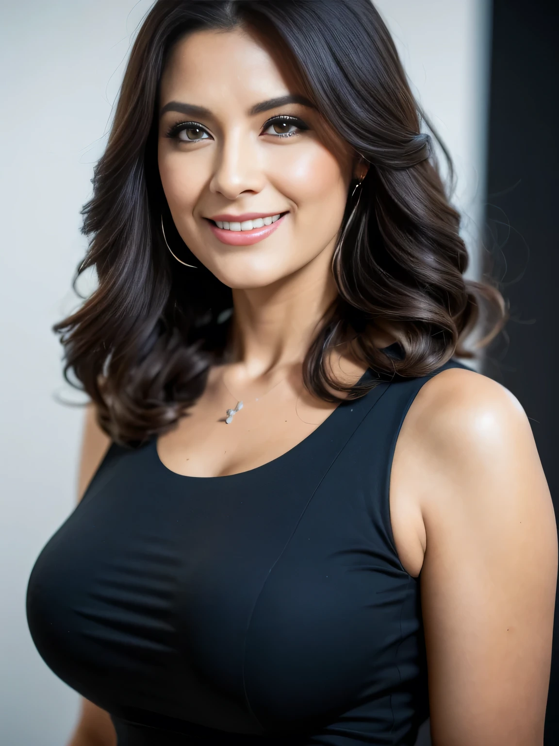 Bild einer selbstbewusst aussehenden Frau mit langen und dicken Haaren, haselnussbraune Augen, a tank top , A smile on your face, ein lustvoller Blick, tragen Sie eine traditionelle indische Kleidung, wear a nice, weites Kurti-Kleid,Breast size C, complete body to see, hyperrealistisch, Super detailliert, 8k, good quality, trendige Kunst, Trends auf ArtStation, scharfer Fokus, Studiofoto, komplizierte Details, sehr detailliert, Kunst von Greg Rutkowski