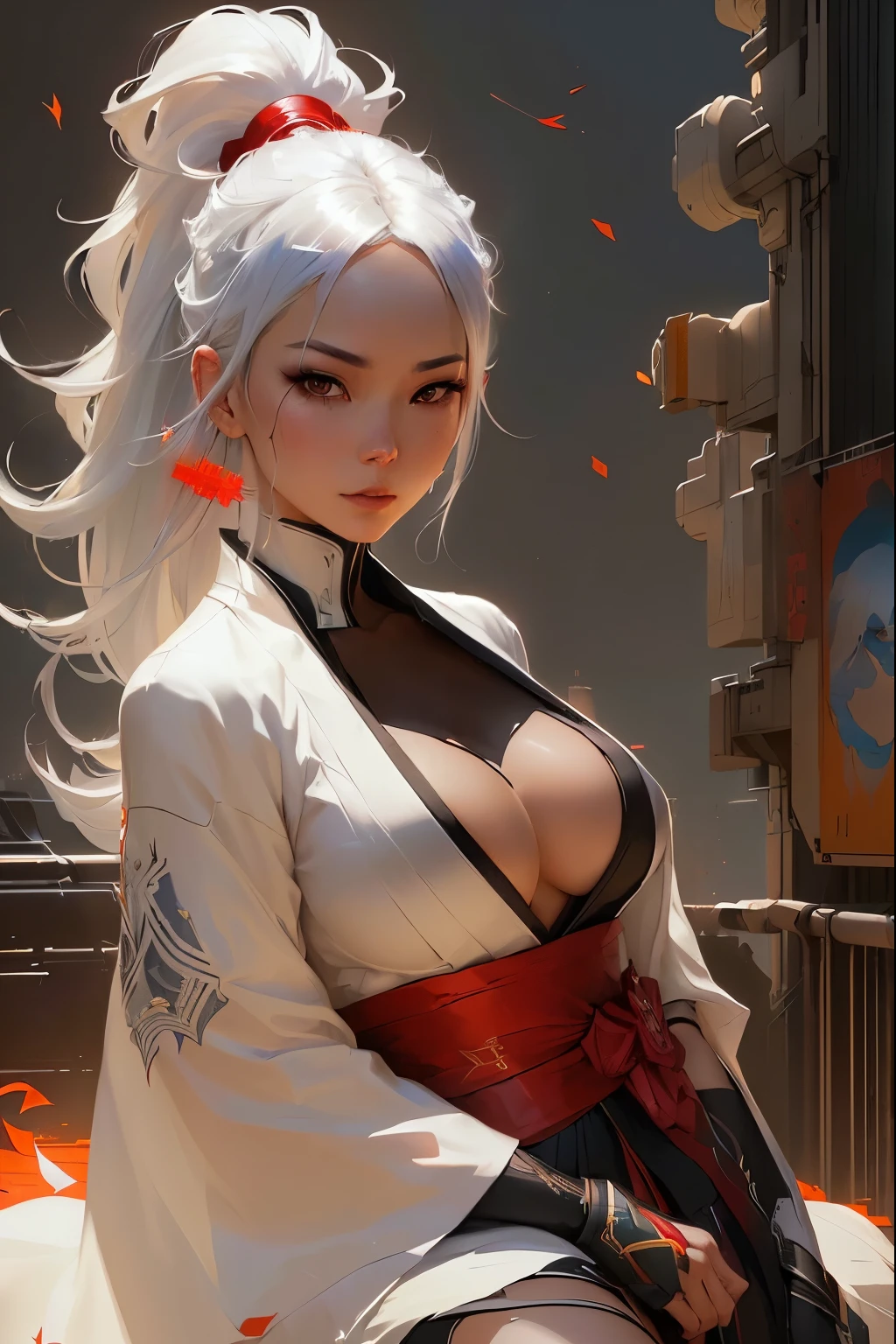 there is a woman with a white hair and a red sash, ross tran 8 k, ross tran style, ross tran and wlop, alena aenami and artgerm, wlop and ross tran, artwork in the style of guweiz, in the style of ross tran, by Ross Tran, wlop and krenz cushart